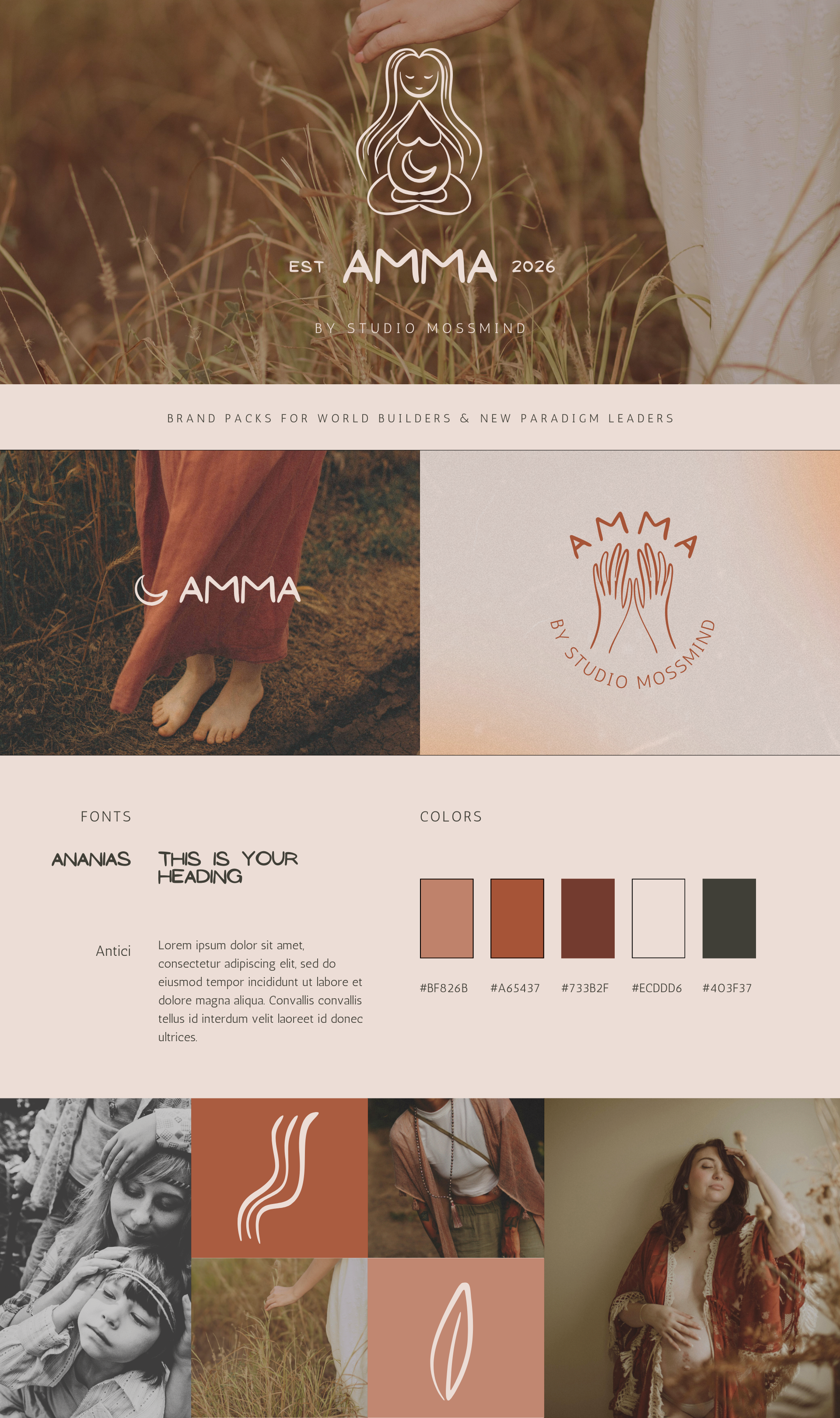 Brand branding style guide with earthy tones, illustrations, and photos of women in natural settings for a brand called AMMA by Studio Mossmind