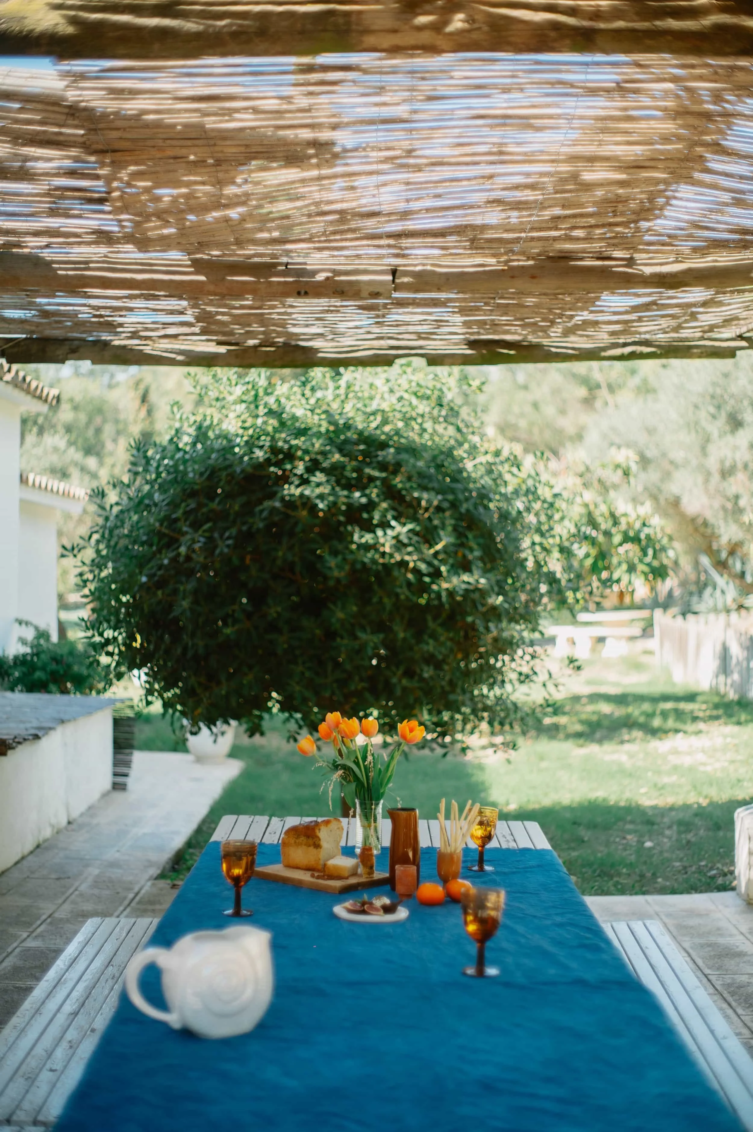An outdoor table set for a meal with a bouquet of orange tulips, loaf of bread, glasses of iced tea, and small plates on a blue tablecloth, with lush greenery and trees in the background.