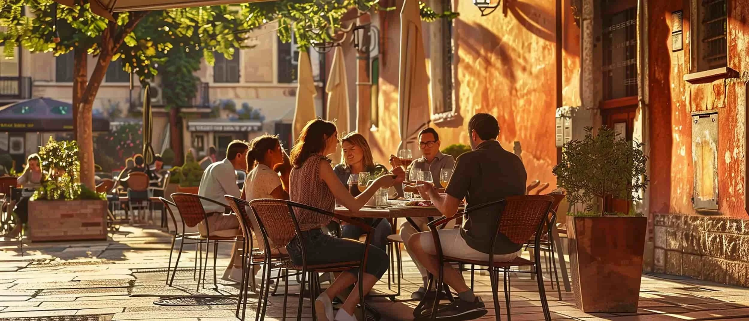 Outdoor café with people dining, warm sunlight, trees, and orange building.
