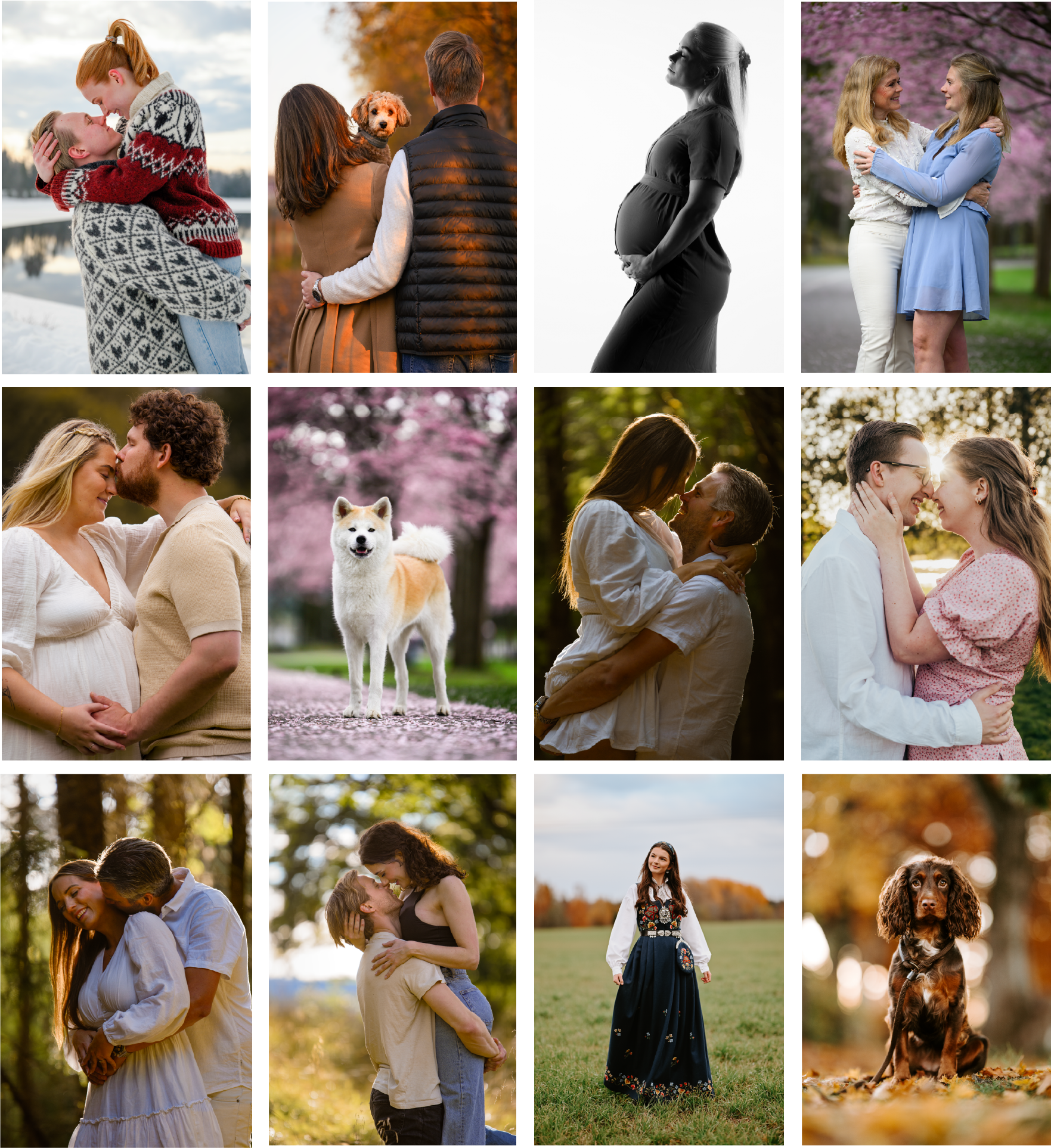 Kolasje av ti bilder av forskjellige par, en kvinne med gravidmage, en hund, og en hund eller hunder, i ulike utendørs omgivelser med høsttemperatur.