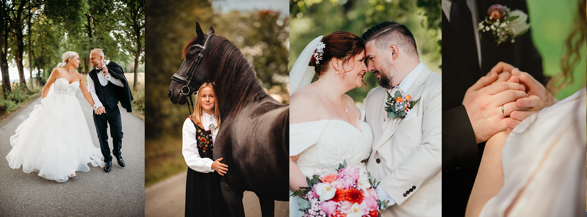 Bryllupsbilder med par, hest, og forlovelse i naturen