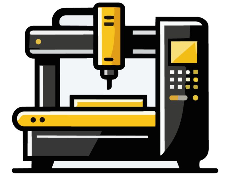 Ilustración de una máquina de control numérico ( CNC ) en color amarillo, gris y negro, con pantalla y herramientas para fabricación o mecanizado.