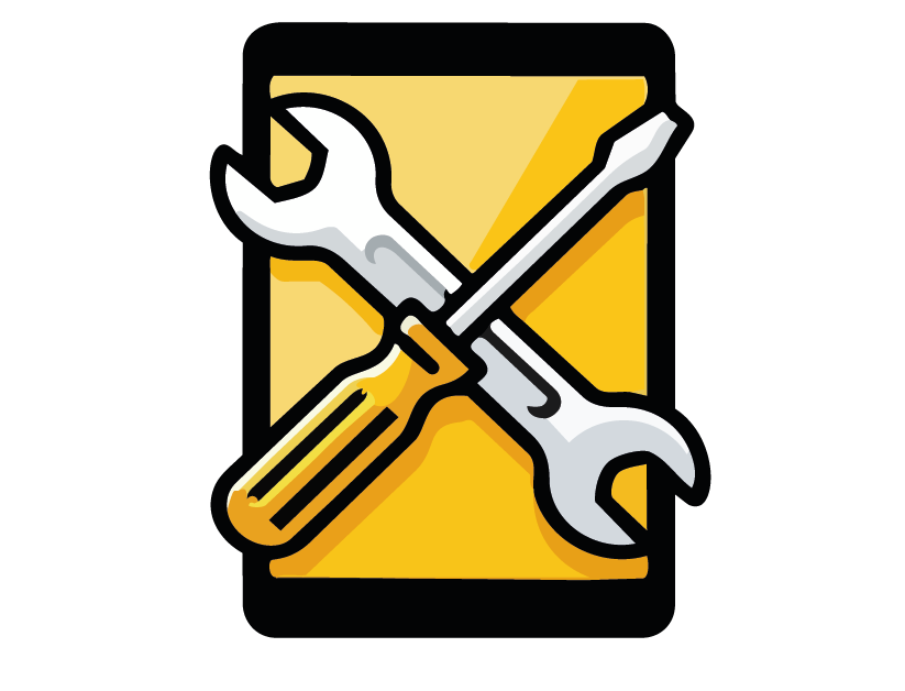 Icono de reparación con una llave inglesa y un destornillador cruzados sobre un fondo amarillo.