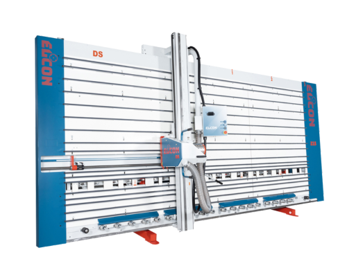 Una máquina de corte industrial con estructura metálica azul y blanca, con un cabezal motorizado en el centro para cortar materiales en línea recta.