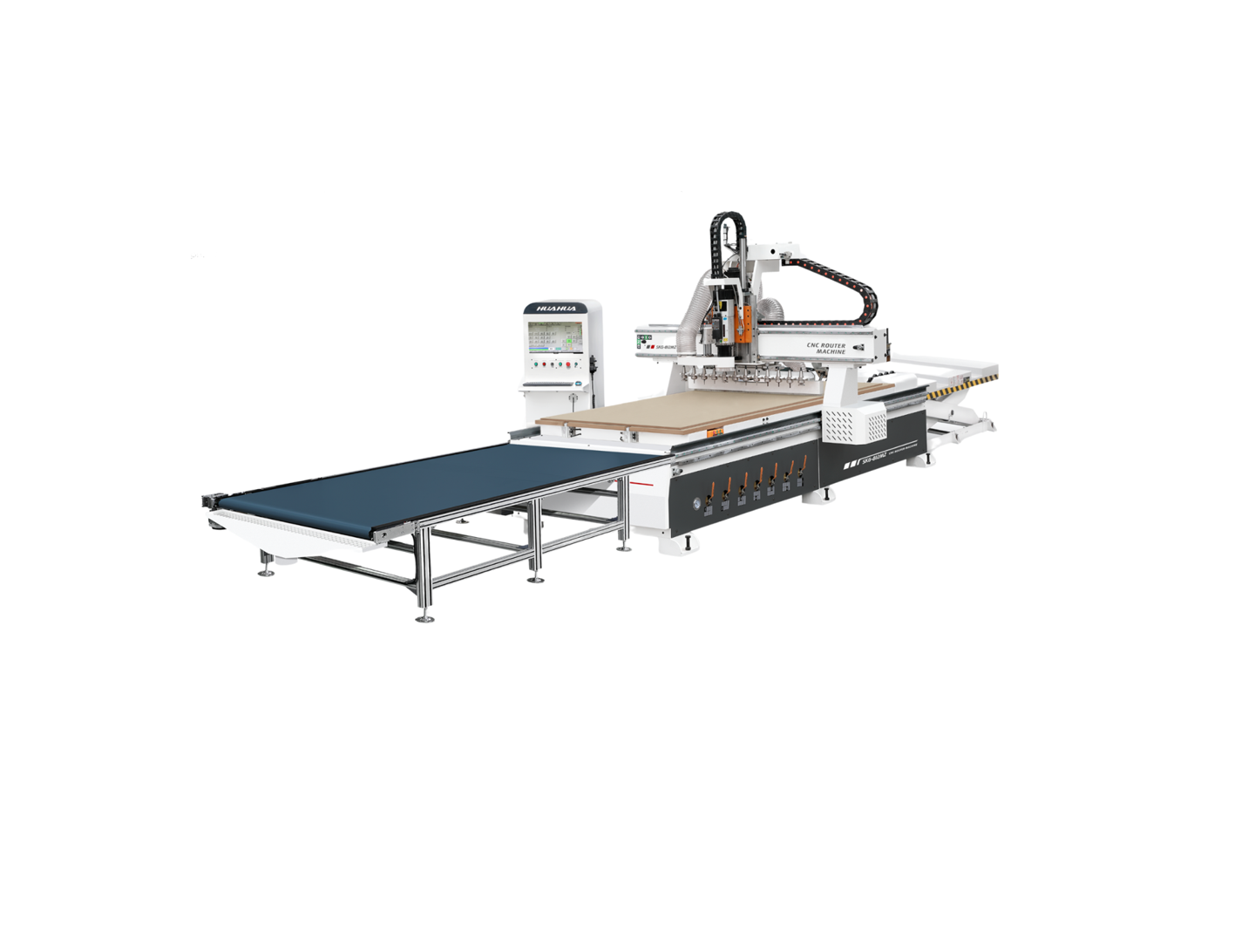 Máquina CNC de fabricación, con mesa de trabajo, brazo articulado y control digital.