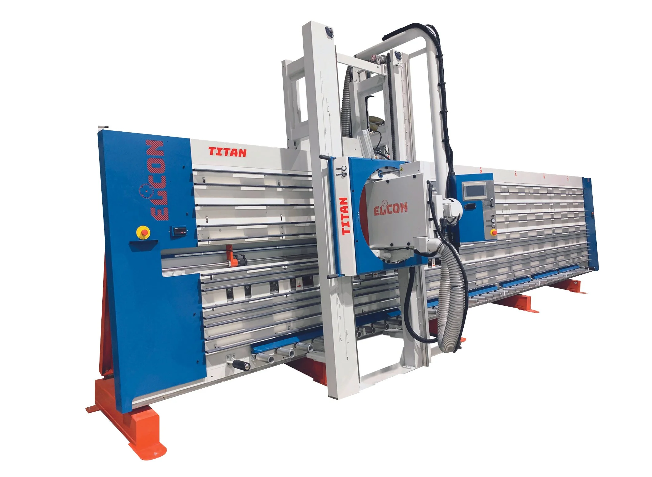 Maquina industrial de color azul y blanco con componentes metálicos, marca Elcon y Titan, diseñada para procesamiento o fabricación.