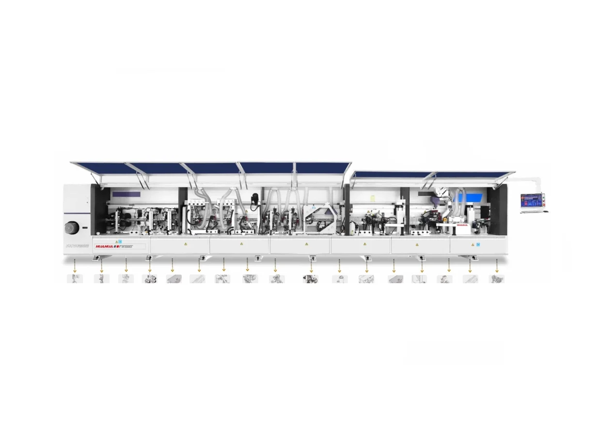 Maquina industrial con varias secciones y accesorios, con instrucciones y diagramas debajo.