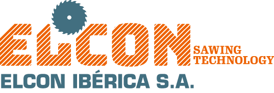 Logotipo de Elcon Sawing Technology con un engranaje y texto en colores naranja y azul.