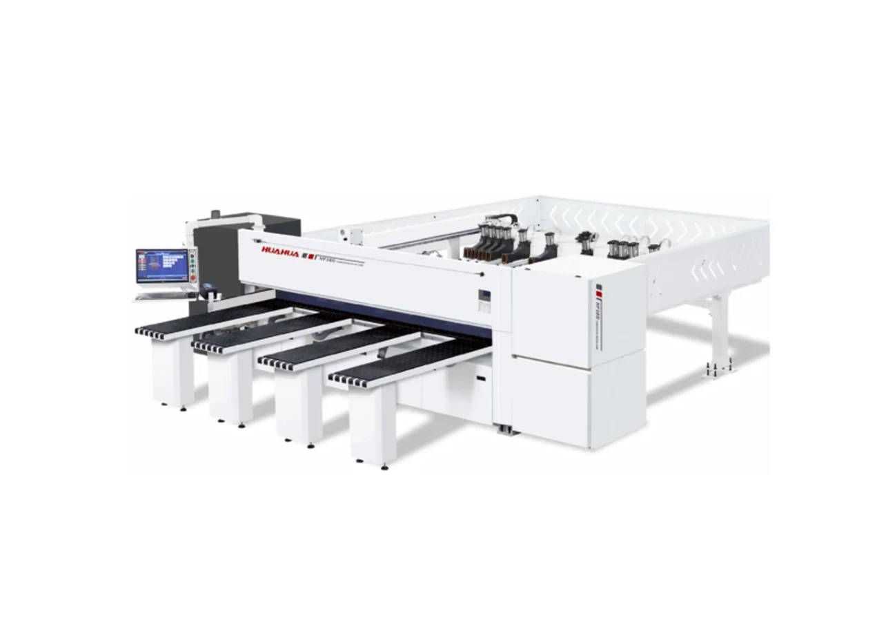Máquina cnc de gran tamaño con control de pantalla y mesas de trabajo múltiples.