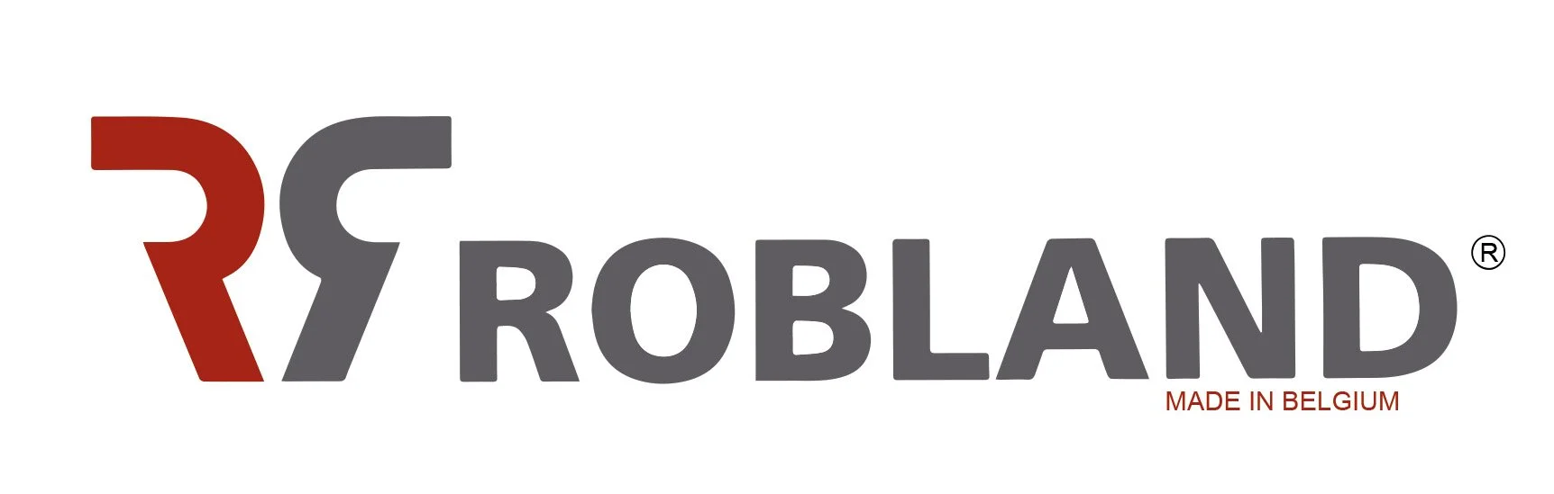 Logo de Robland con letras grises, símbolo en rojo y negro, y texto en rojo que dice 'Made in Belgium'.