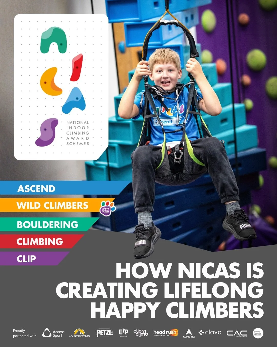 A young boy wearing climbing gear, sitting in a harness, smiling at an indoor climbing gym with colorful climbing holds and blue mats in the background. The image promotes the National Indoor Climbing Award Schemes.