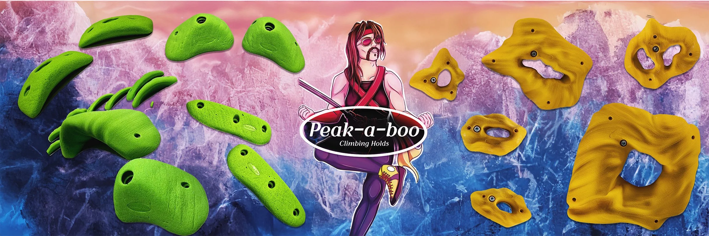 A display of climbing holds in green and yellow colors against a colorful background, with a cartoon rock climber and the Peak-a-boo Climbing Holds logo.
