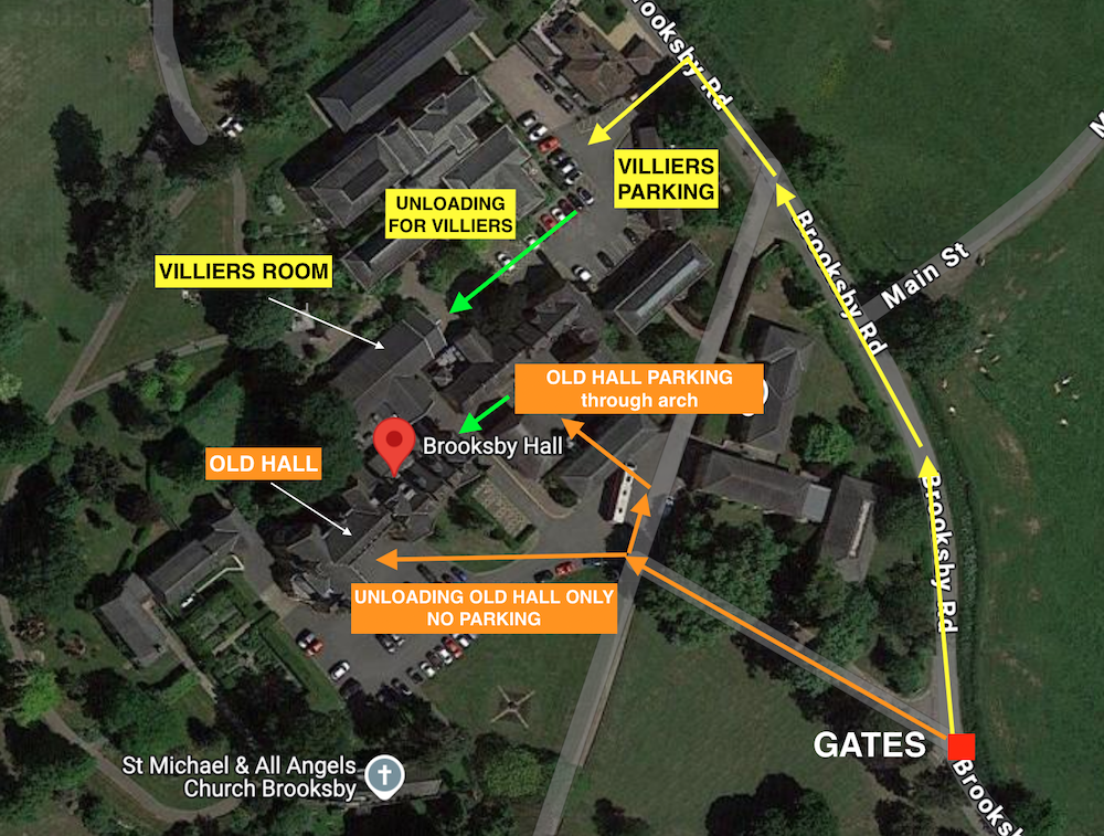 Aerial map of Brooksby Hall showing parking areas, entrances, and roads with labels indicating designated parking, unloading zones, and gates.
