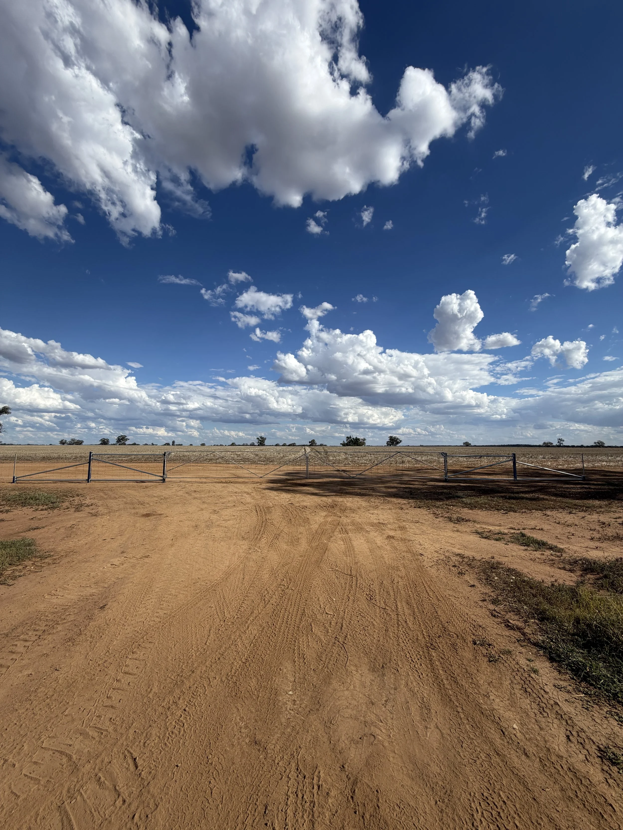 A wide open dirt road with a metal fence on both sides under a partly cloudy blue sky, scattered with clouds.