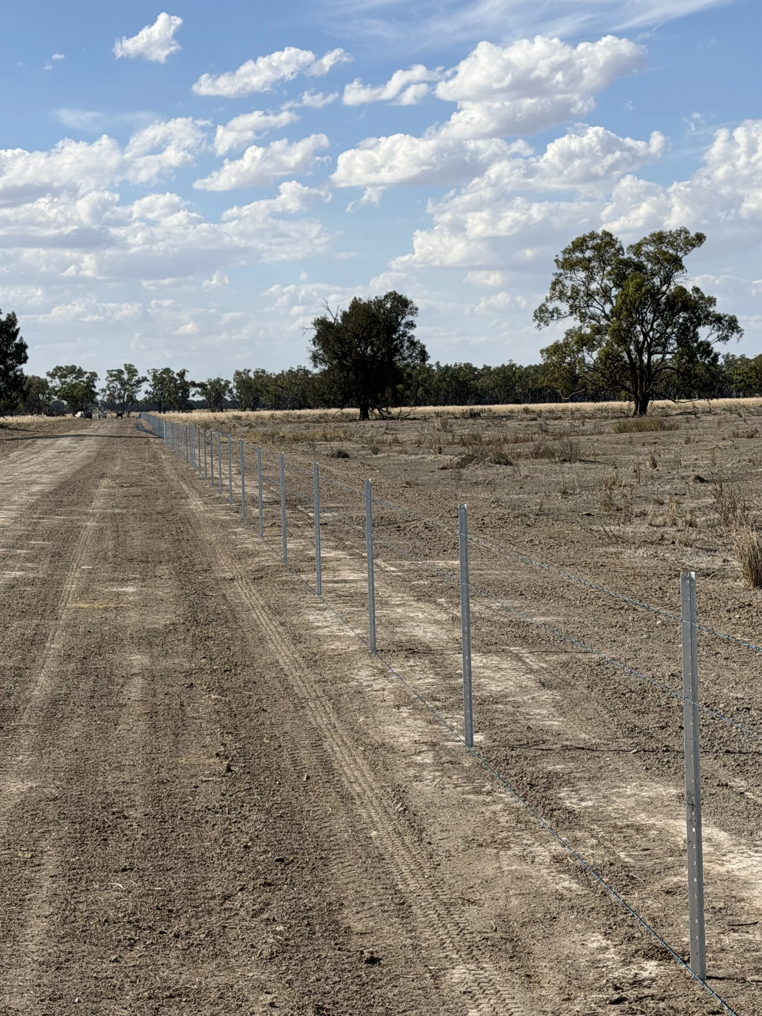 A dirt road with a barbed wire fence on the right side, extending into the distance. The landscape is flat with a few scattered trees under a partly cloudy blue sky.