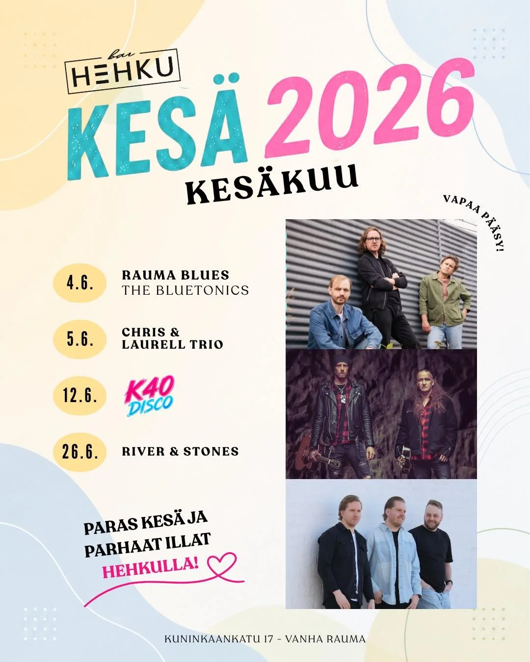 Kes&auml;illat, hyv&auml; musa ja Vanhan Rauman tunnelma &ndash; t&auml;st&auml; on Hehkun kes&auml; tehty! 🎶✨

Kes&auml;kuu:
4.6. klo 20:30 The Bluetonics 
5.6. klo 21:00 Chris &amp; Laurell Trio
12.6. klo 22:00 K40 Disco
26.6. klo 21:00 River &amp