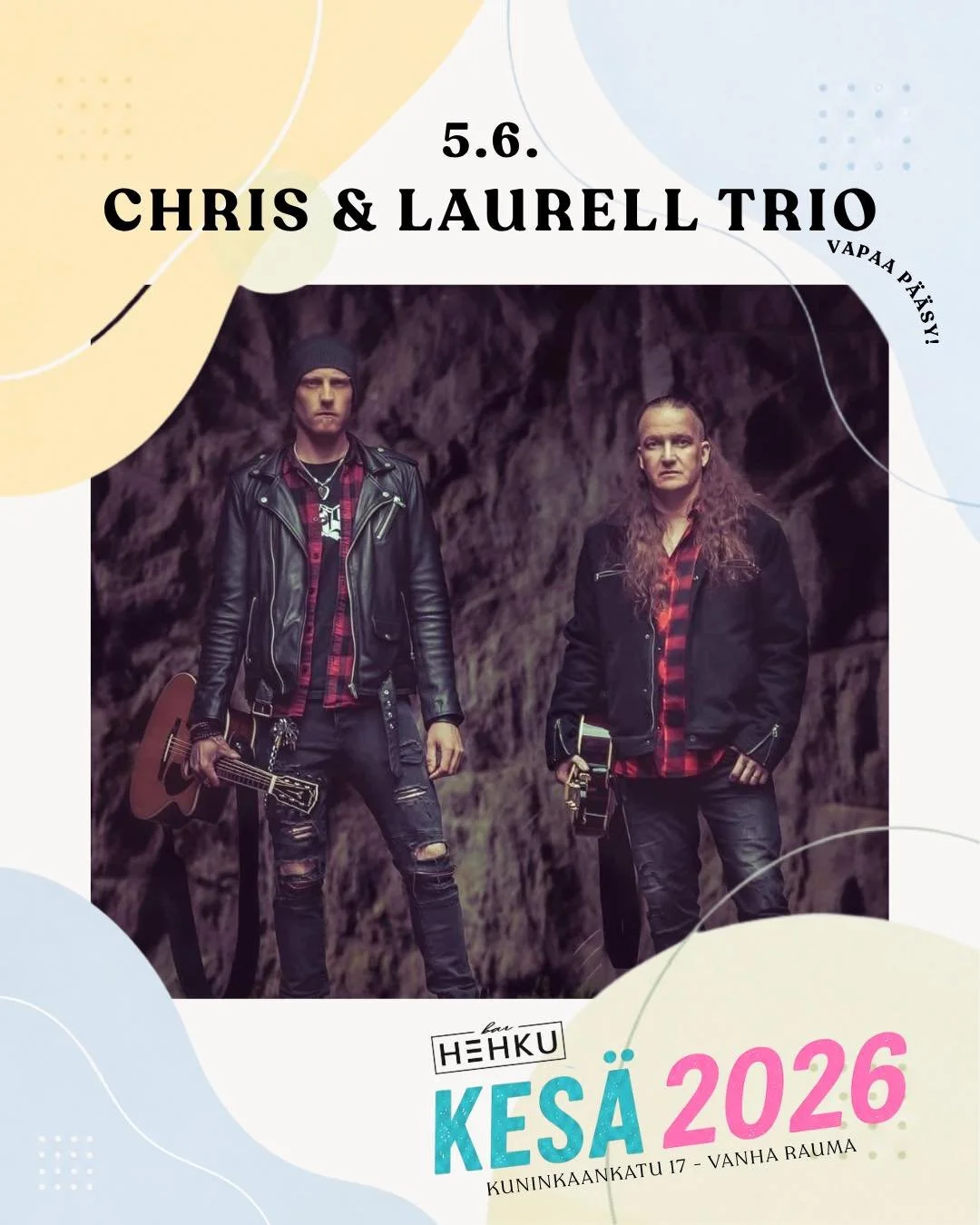 Perjantai-ilta livemusiikin parissa Hehkussa✨

Chris &amp; Laurell Trio tuo Hehkuun tunnelmallisen ja energisen live-illan t&auml;ynn&auml; upeita tulkintoja ja hyv&auml;&auml; fiilist&auml; 💛

🗓️ Pe 5.6. klo 21:00
🎟️ Vapaa p&auml;&auml;sy

T&auml