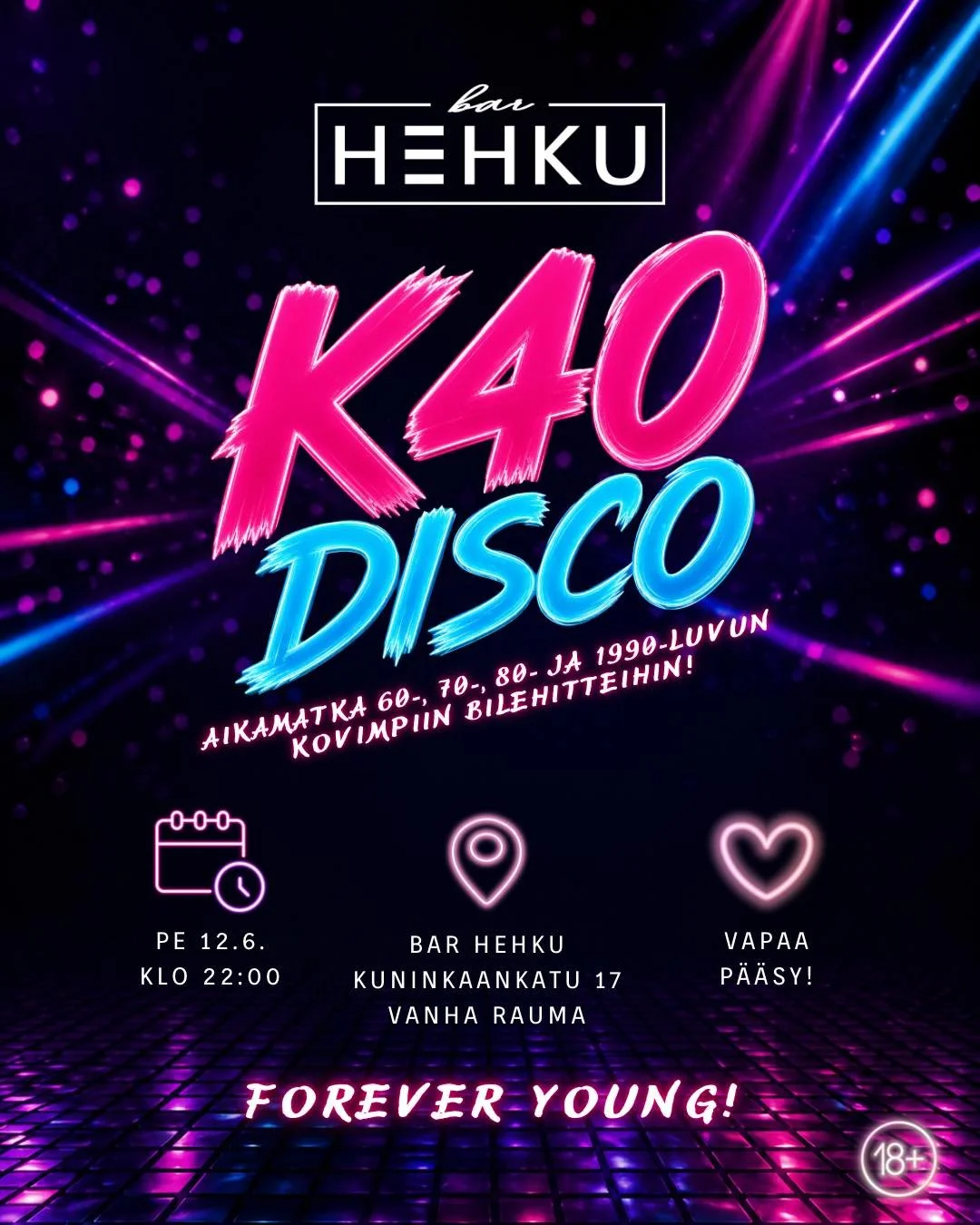 💃 K40 Disco tulee taas! 🕺
Parhaat hitit vuosikymmenilt&auml;, jotka eiv&auml;t koskaan mene pois muodista.

📅 Pe 12.6. klo 22.00
📍 Bar Hehku, Kuninkaankatu 17
🎟️ Vapaa p&auml;&auml;sy | 🔞

#barhehku #sy&ouml;juohehku #vanharauma #rauma #raumall