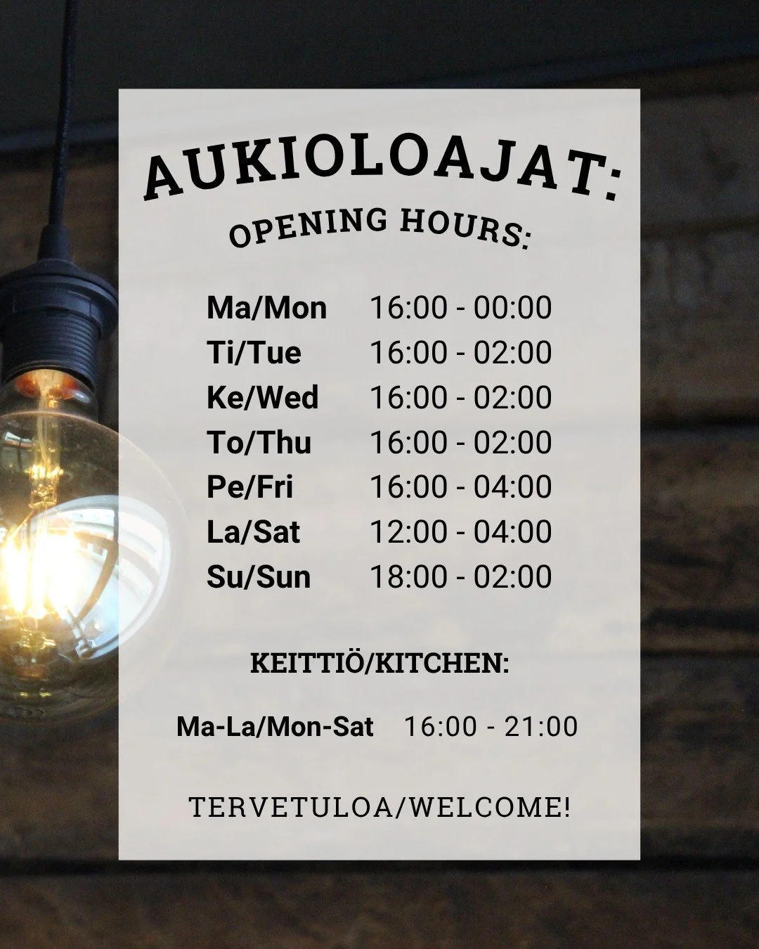 Olemme auki joka ilta!

Keitti&ouml; palvelee jatkossa maanantaista lauantaihin klo 16:00-21:00.

Sy&ouml; - Juo - Hehku 💡
Koko kansan olohuone Vanhassa Raumassa torin kulmalla. 

#barhehku #aukioloajat #sy&ouml;juohehku #vanharauma #rauma