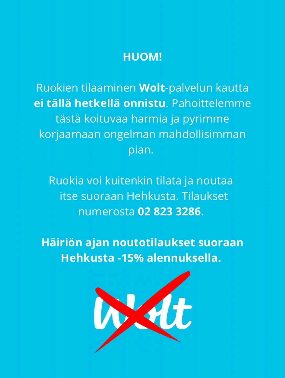 ‼️ HUOM! ‼️

Ruokien tilaaminen Wolt-palvelun kautta ei t&auml;ll&auml; hetkell&auml; onnistu. Pahoittelemme t&auml;st&auml; koituvaa harmia ja pyrimme korjaamaan ongelman mahdollisimman pian. 

Ruokia voi kuitenkin tilata ja noutaa itse suoraan Hehk