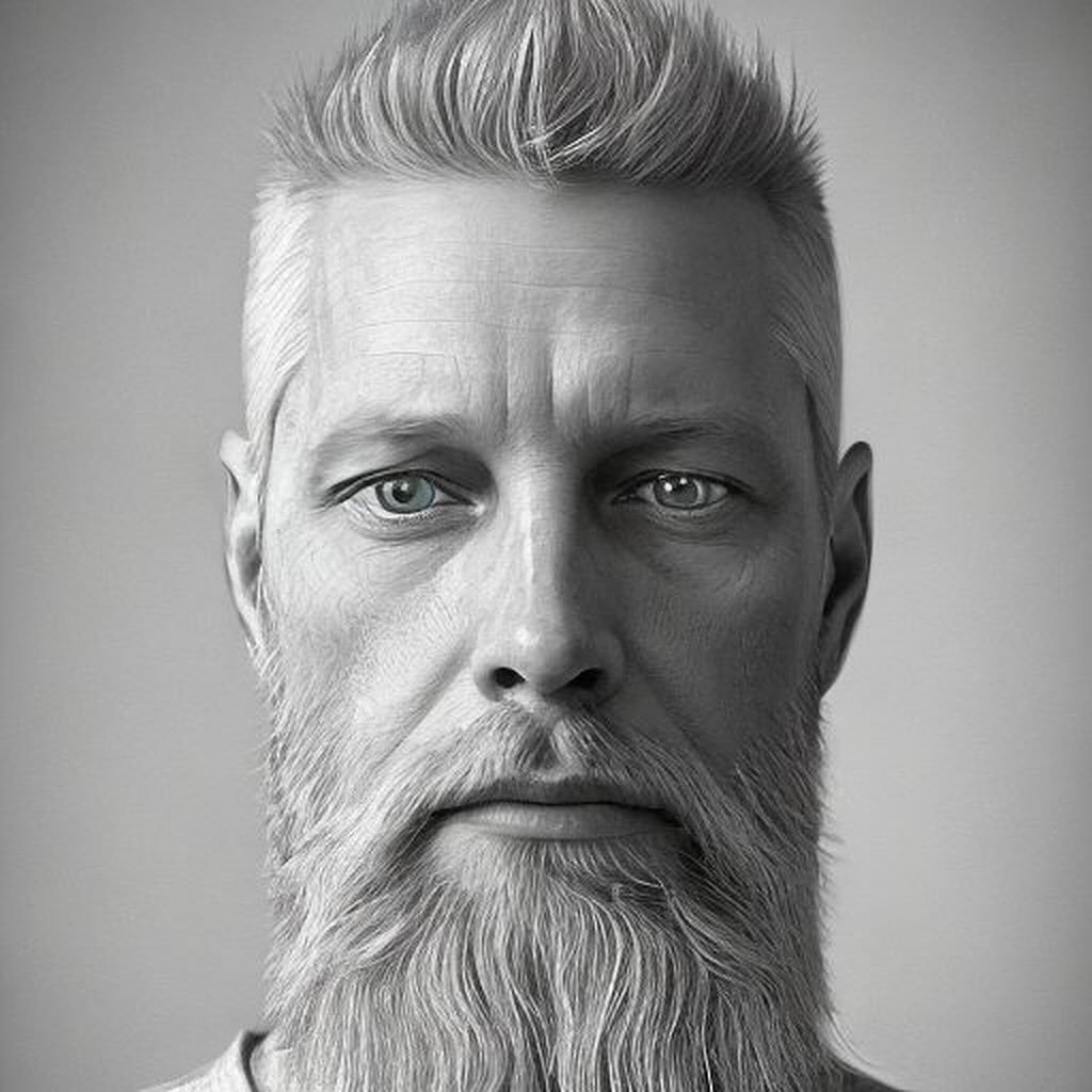 Black and white close-up portrait of a real estate investing man with a stern expression, light-colored eyes, a full beard, and hair styled upward.