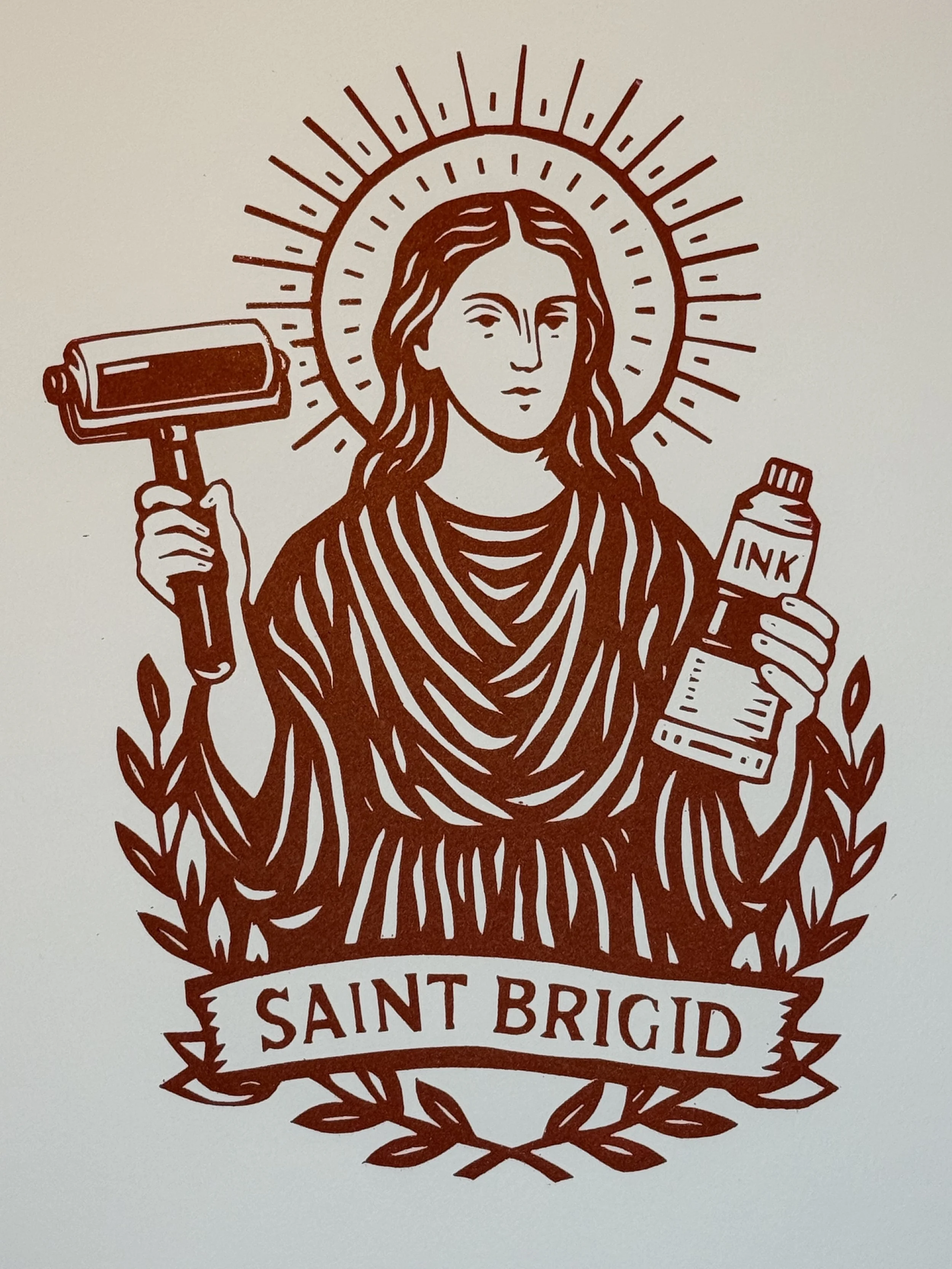 Saint Brigid patron saint of printmakers linocut print holding brayer and ink