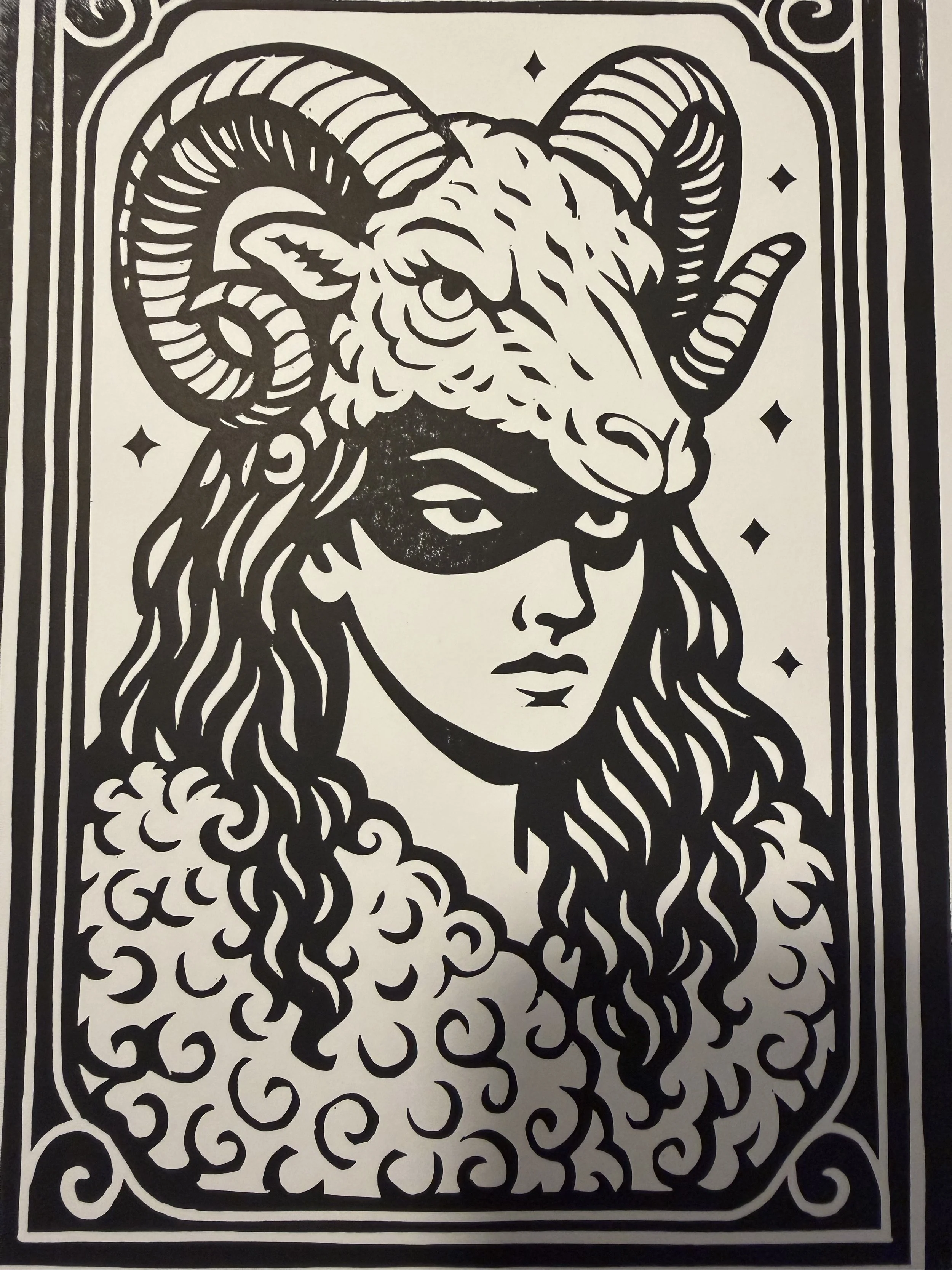 Limited-edition black linocut print Ram Woman by Elucidation Inc. Hand-carved and hand-printed with Caligo Safe Wash ink on archival acid-free cotton paper. Edition of 10.