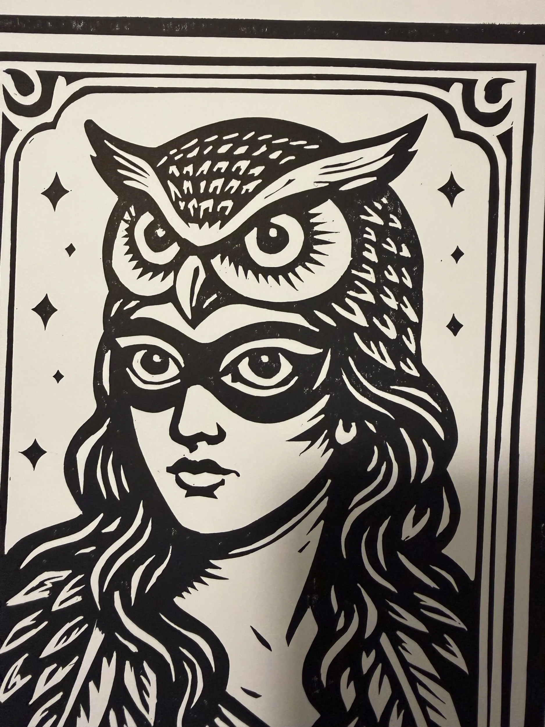 Limited-edition black linocut print Owl Man by Elucidation Inc. Hand-carved, hand-printed on archival acid-free cotton paper with Caligo Safe Wash ink. Edition of 10.