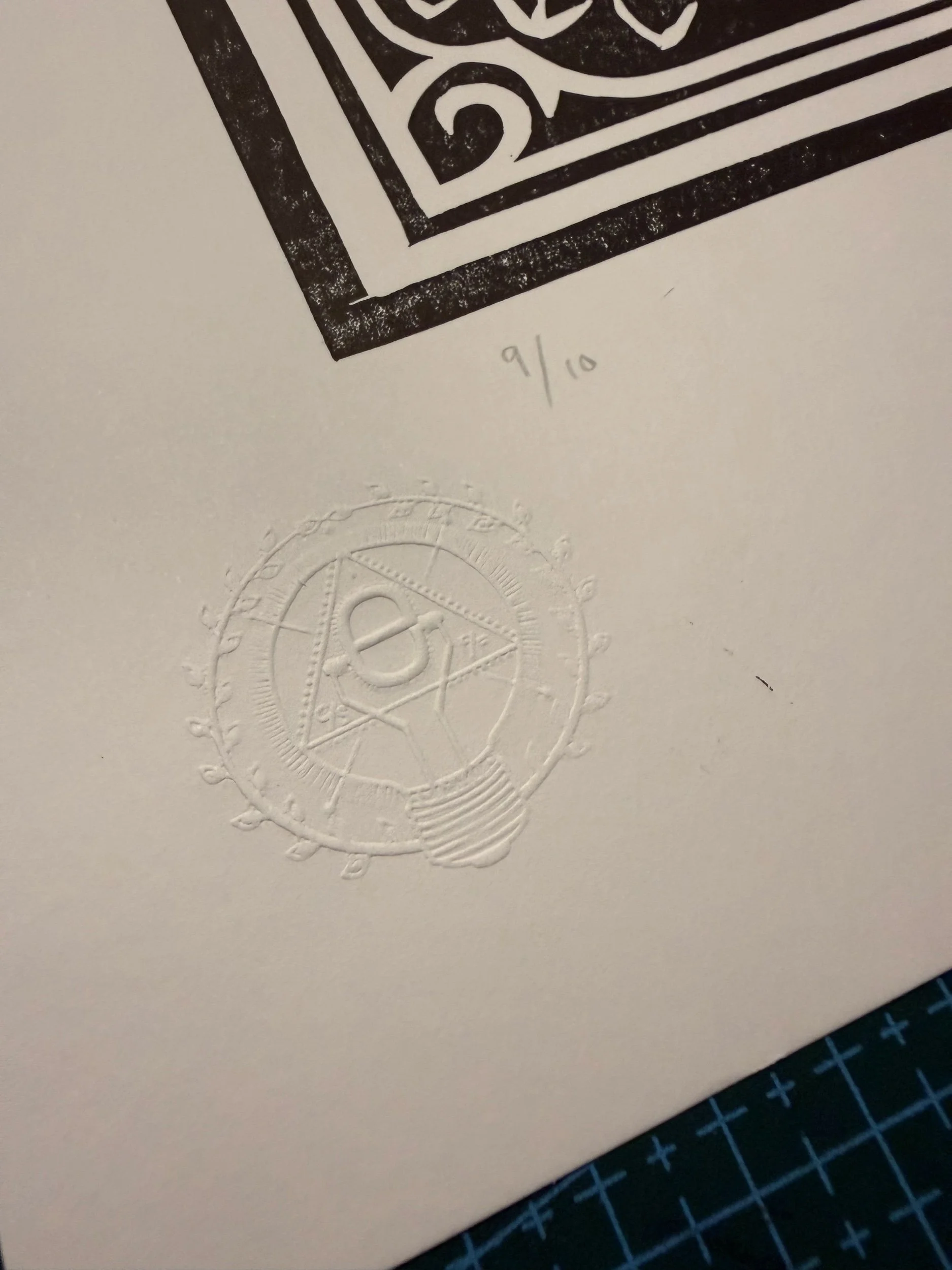 Limited-edition black linocut print Owl Man by Elucidation Inc. Hand-carved, hand-printed on archival acid-free cotton paper with Caligo Safe Wash ink. Edition of 10.