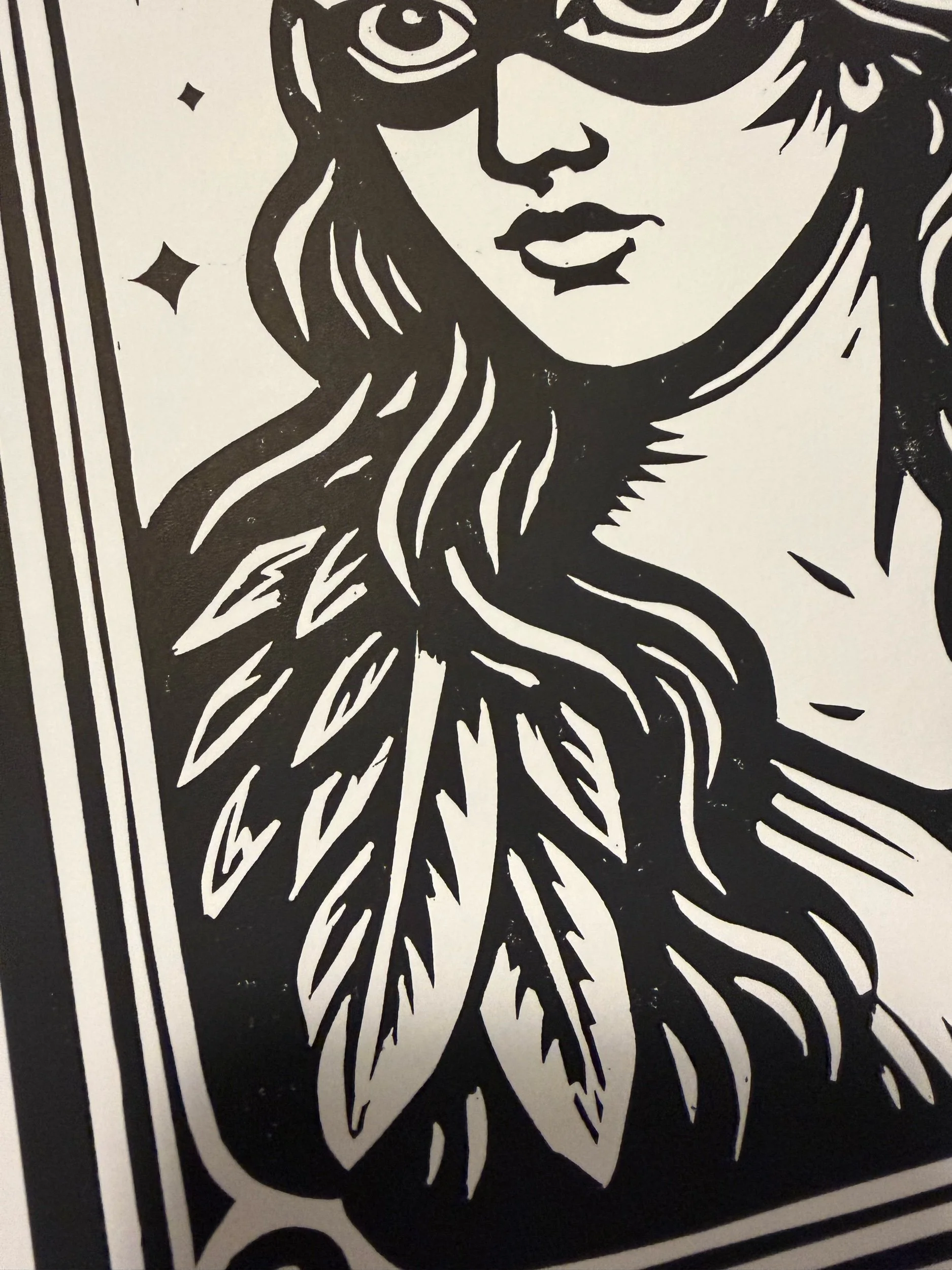 Limited-edition black linocut print Owl Man by Elucidation Inc. Hand-carved, hand-printed on archival acid-free cotton paper with Caligo Safe Wash ink. Edition of 10.