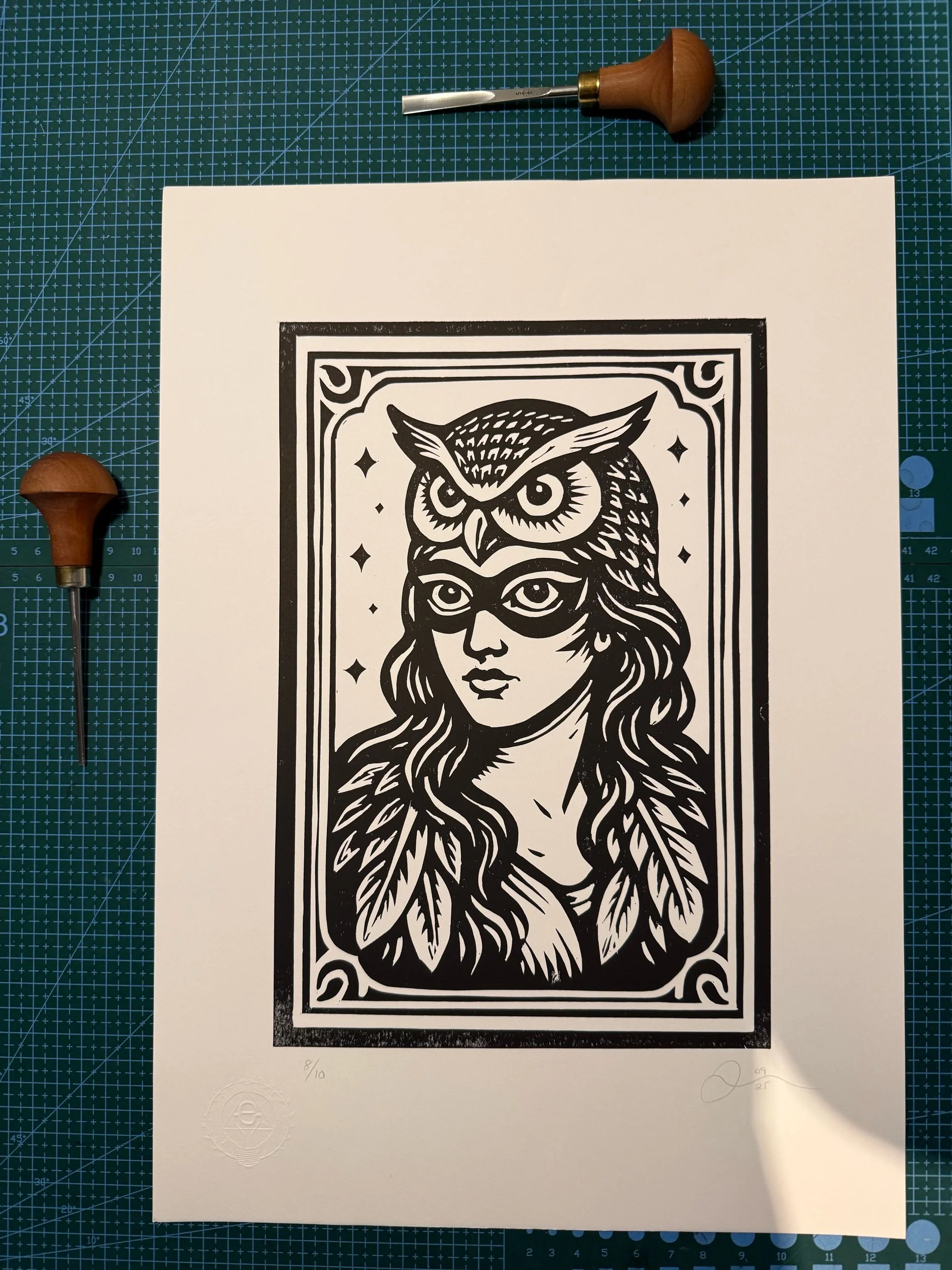 Limited-edition black linocut print Owl Man by Elucidation Inc. Hand-carved, hand-printed on archival acid-free cotton paper with Caligo Safe Wash ink. Edition of 10.
