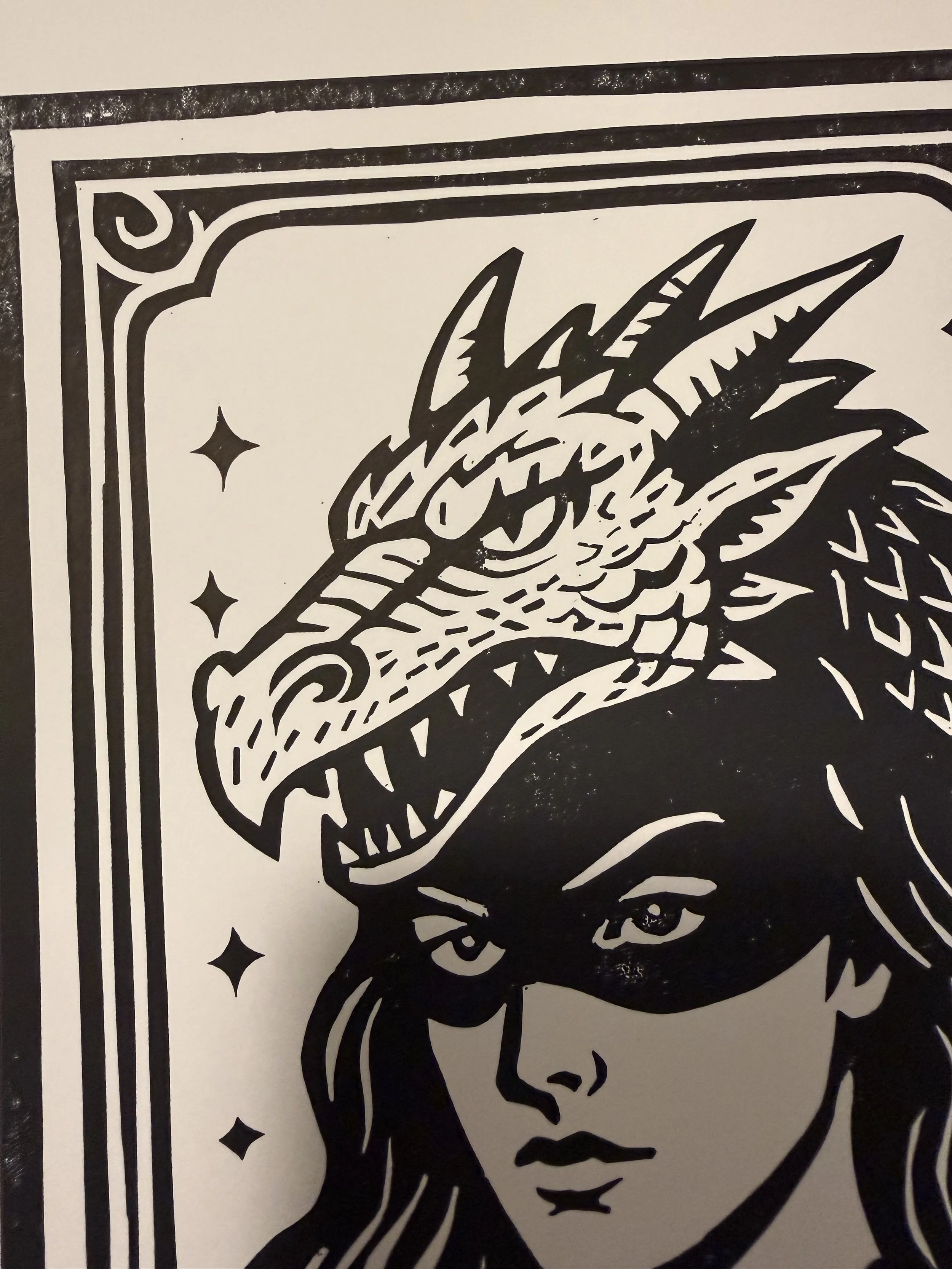 Limited-edition black linocut print Dragon Woman by Elucidation Inc. Hand-carved and hand-printed with Caligo Safe Wash ink on archival acid-free cotton paper. Edition of 10.