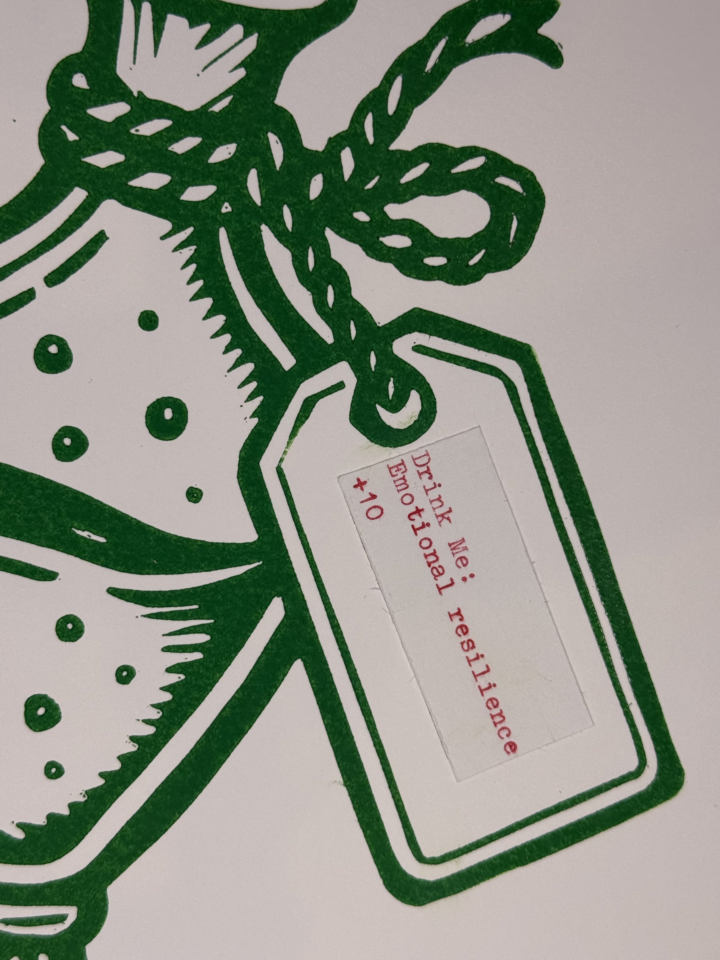 tattoo flash style magical potion bottle print, emerald green linocut curiosity cabinet apothecary illustration, hand printed linocut potion bottle occult tattoo flash art