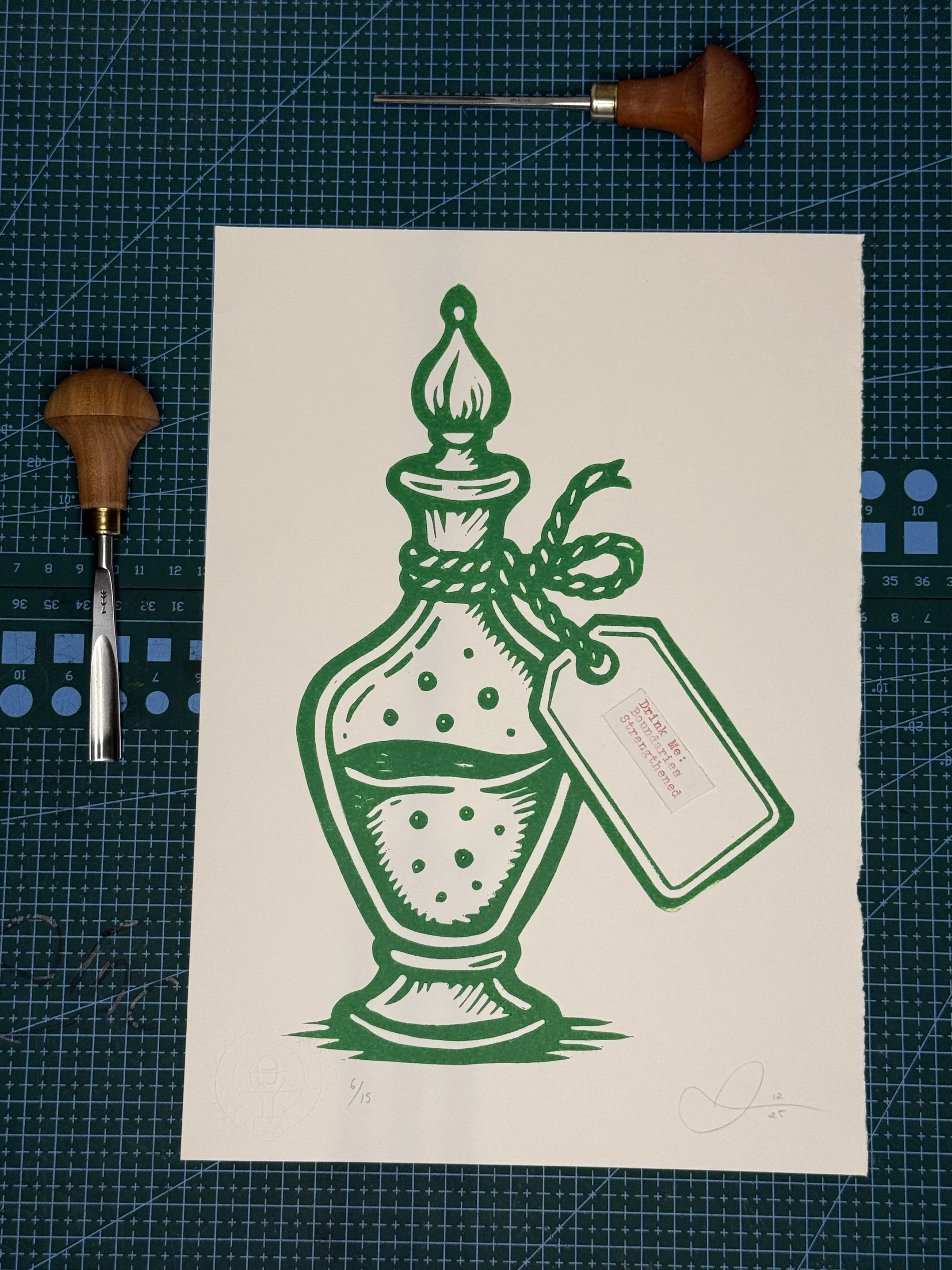 tattoo flash style magical potion bottle print, emerald green linocut curiosity cabinet apothecary illustration, hand printed linocut potion bottle occult tattoo flash art