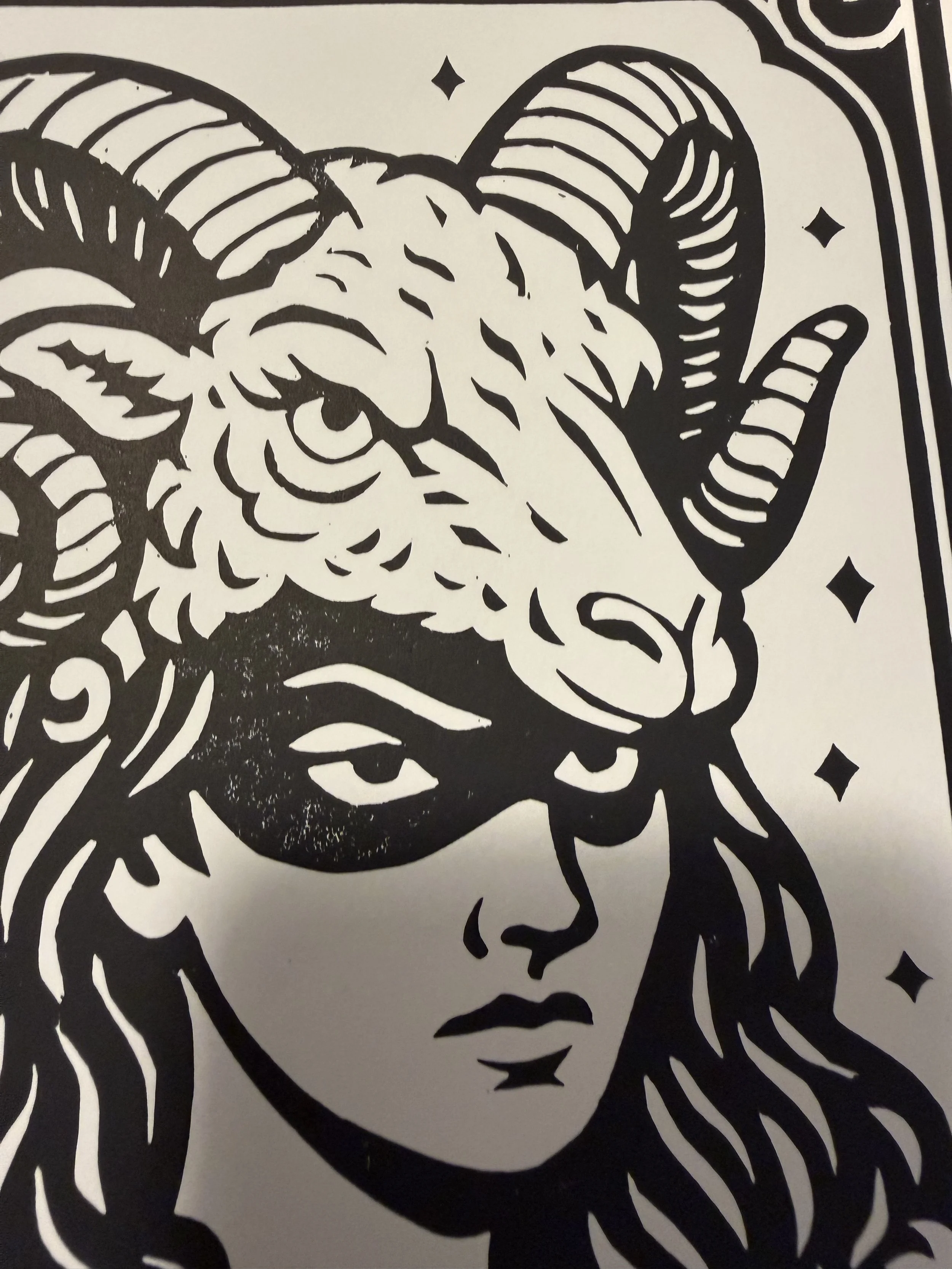 Limited-edition black linocut print Ram Woman by Elucidation Inc. Hand-carved and hand-printed with Caligo Safe Wash ink on archival acid-free cotton paper. Edition of 10.
