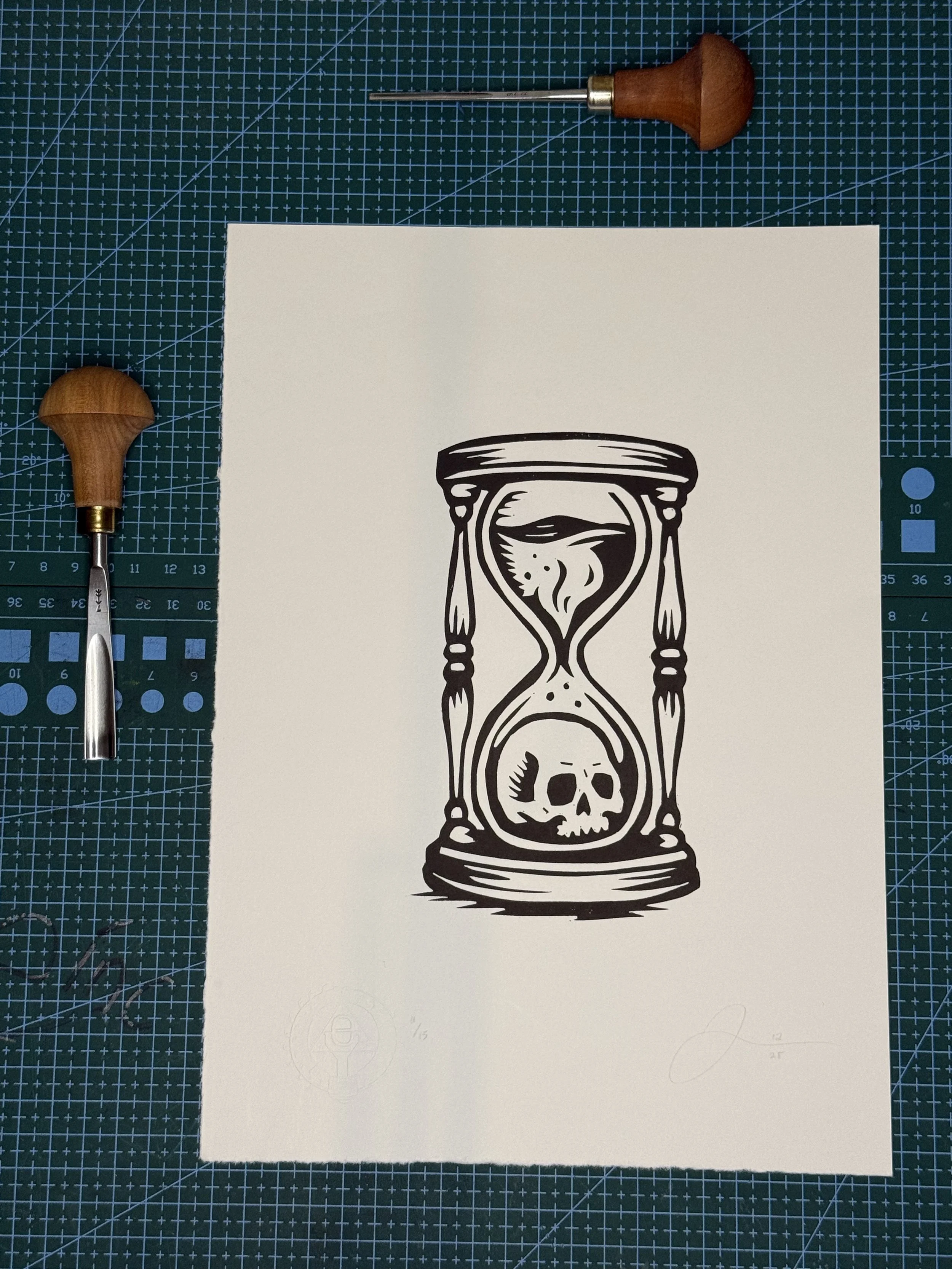 memento mori skull hourglass linocut print, tattoo flash style skull in hourglass gothic art