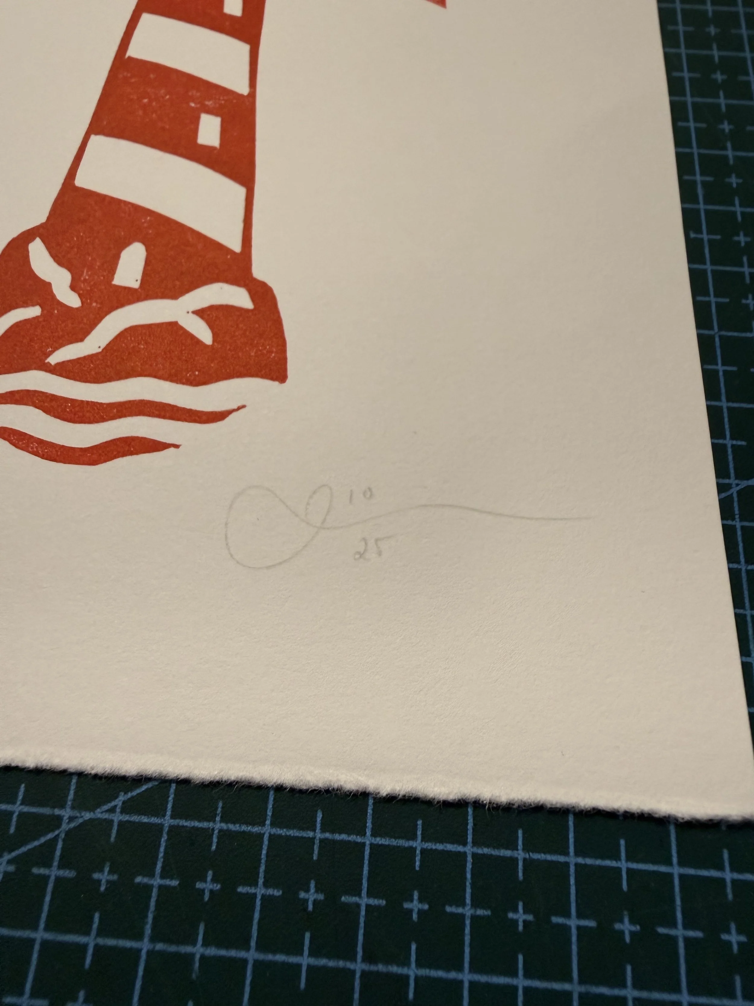 Limited-edition red lighthouse linocut print by Elucidation Inc. Hand-carved, hand-printed with Caligo Safe Wash ink on archival acid-free cotton paper. Edition of 20.