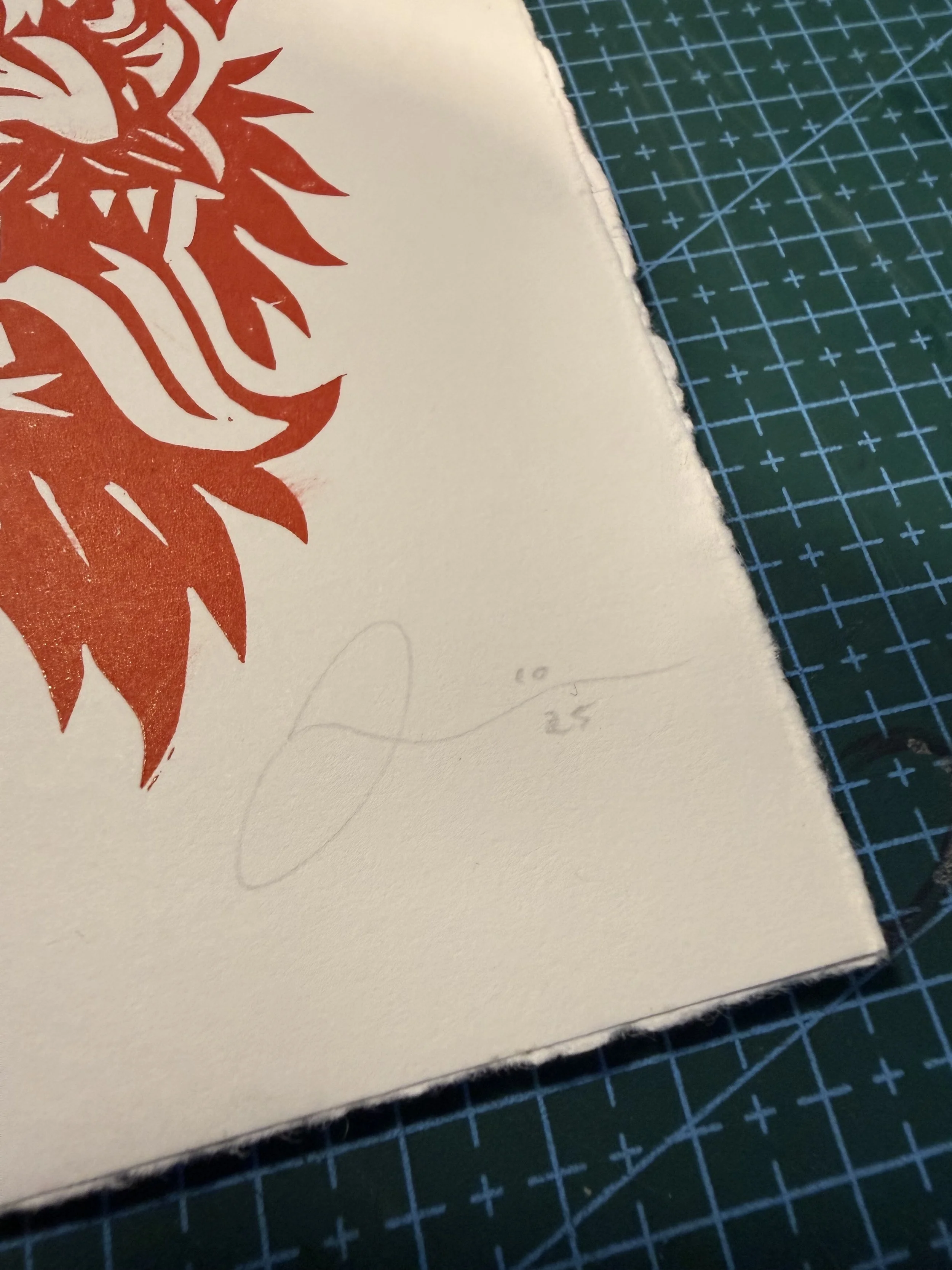 Limited-edition red linocut print of Krampus by Elucidation Inc. Hand-carved and hand-printed on cotton paper, signed, numbered, and embossed. Edition of 15.