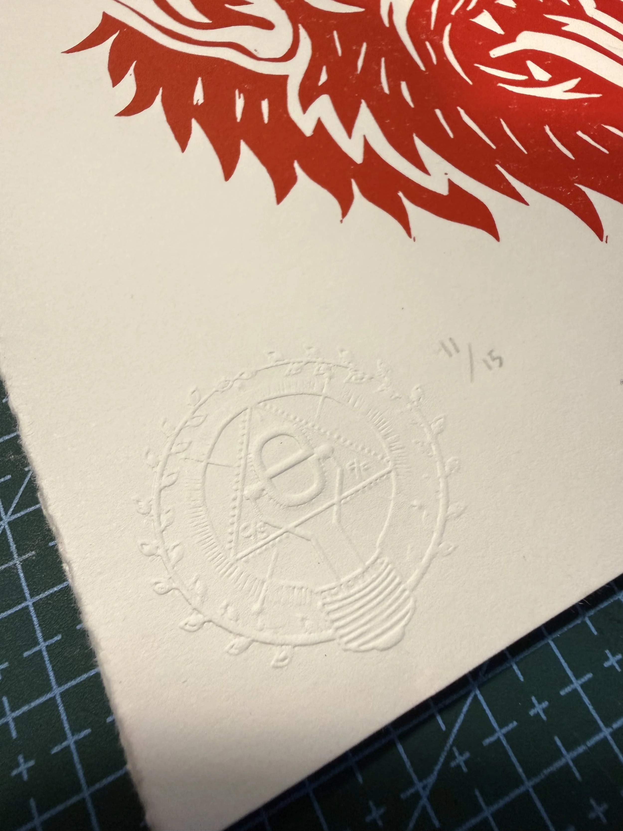 Limited-edition red linocut print of Krampus by Elucidation Inc. Hand-carved and hand-printed on cotton paper, signed, numbered, and embossed. Edition of 15.