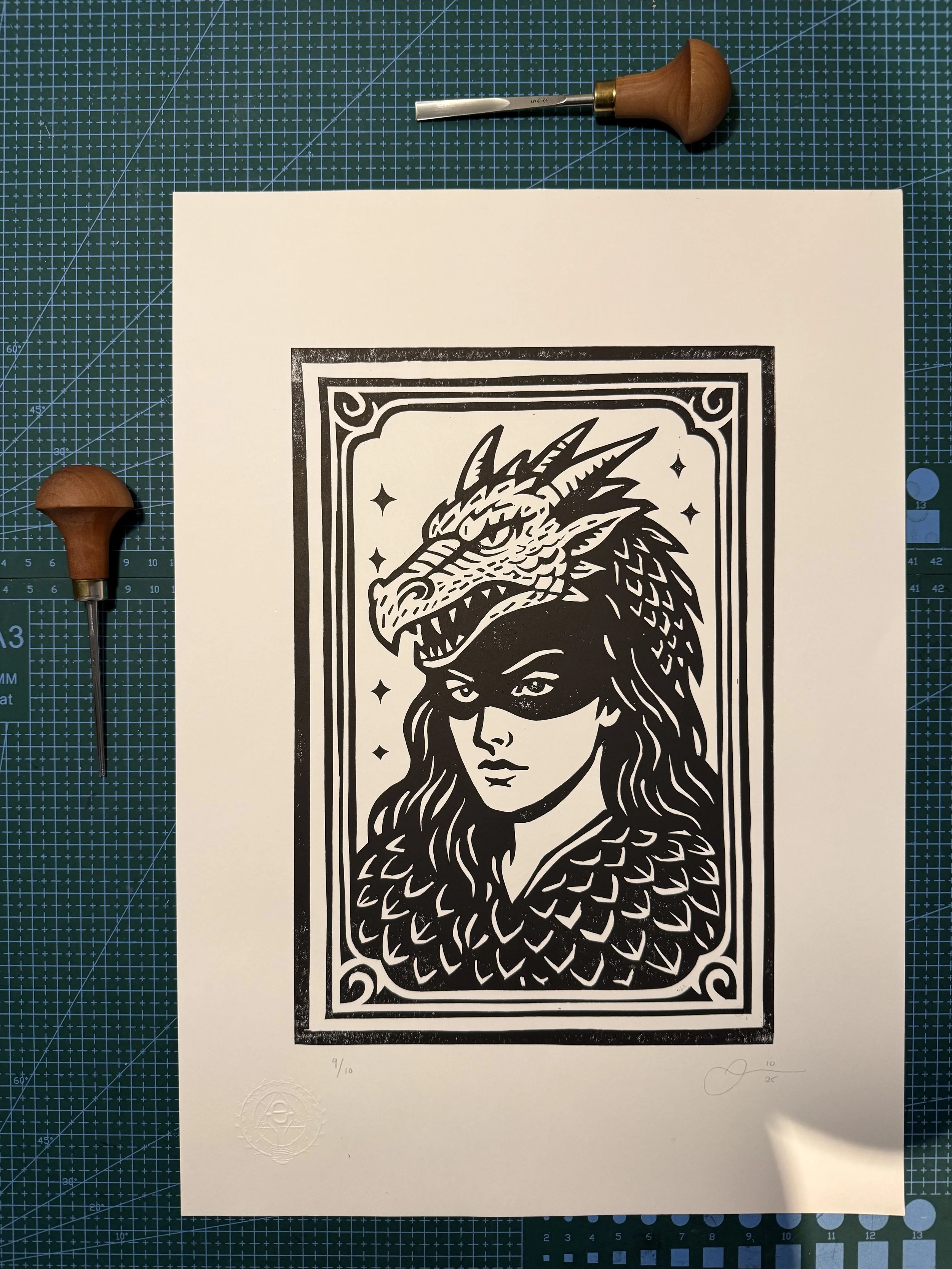 Limited-edition black linocut print Dragon Woman by Elucidation Inc. Hand-carved and hand-printed with Caligo Safe Wash ink on archival acid-free cotton paper. Edition of 10.