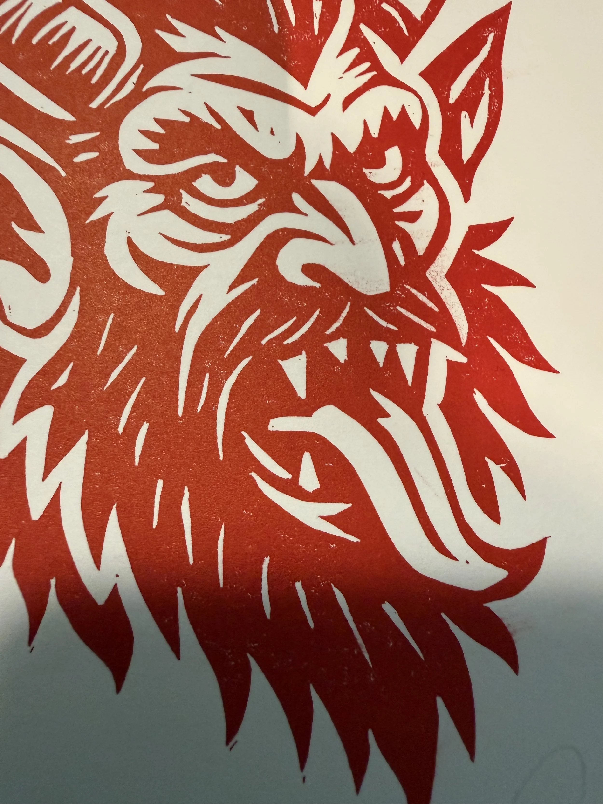 Limited-edition red linocut print of Krampus by Elucidation Inc. Hand-carved and hand-printed on cotton paper, signed, numbered, and embossed. Edition of 15.