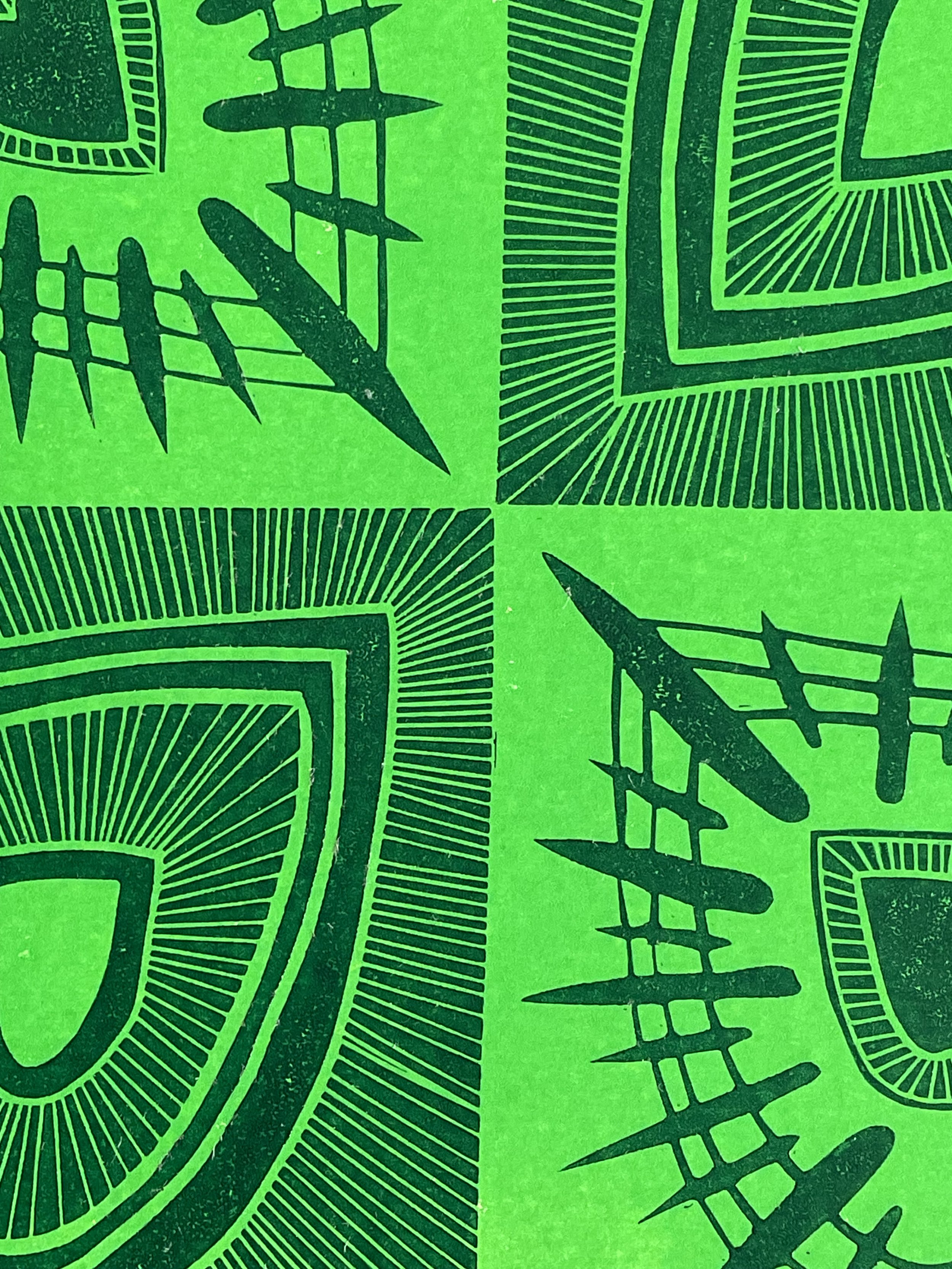 alt="Detail of textured green ink in Folk Hearts lino print"