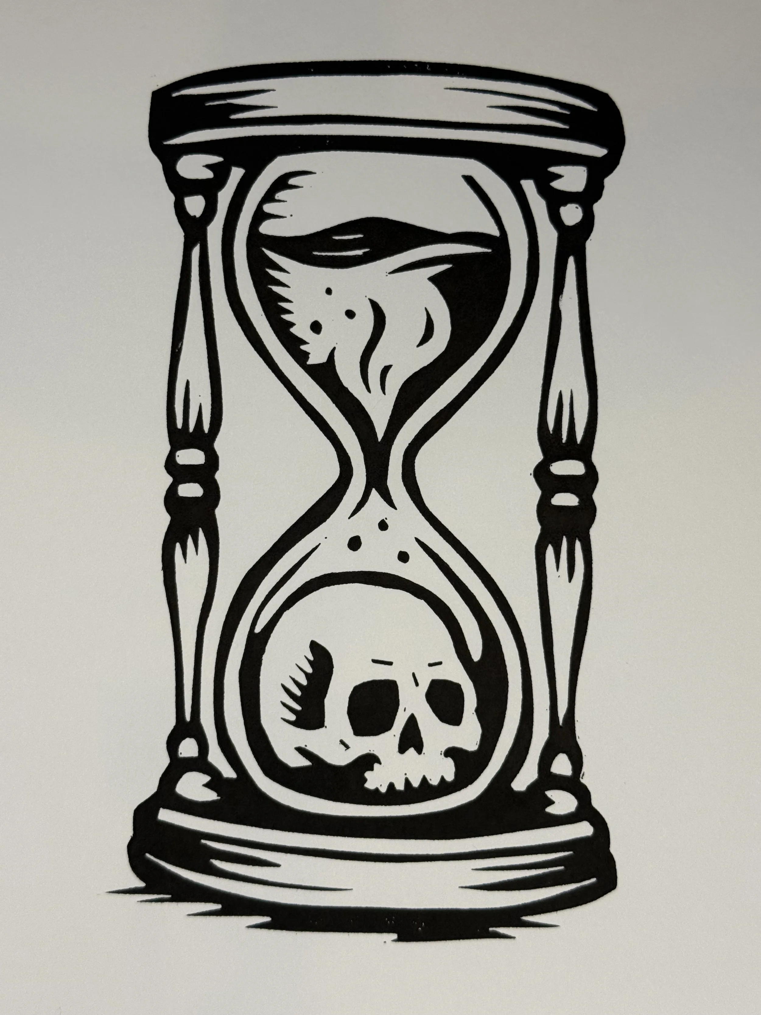 memento mori skull hourglass linocut print, tattoo flash style skull in hourglass gothic art