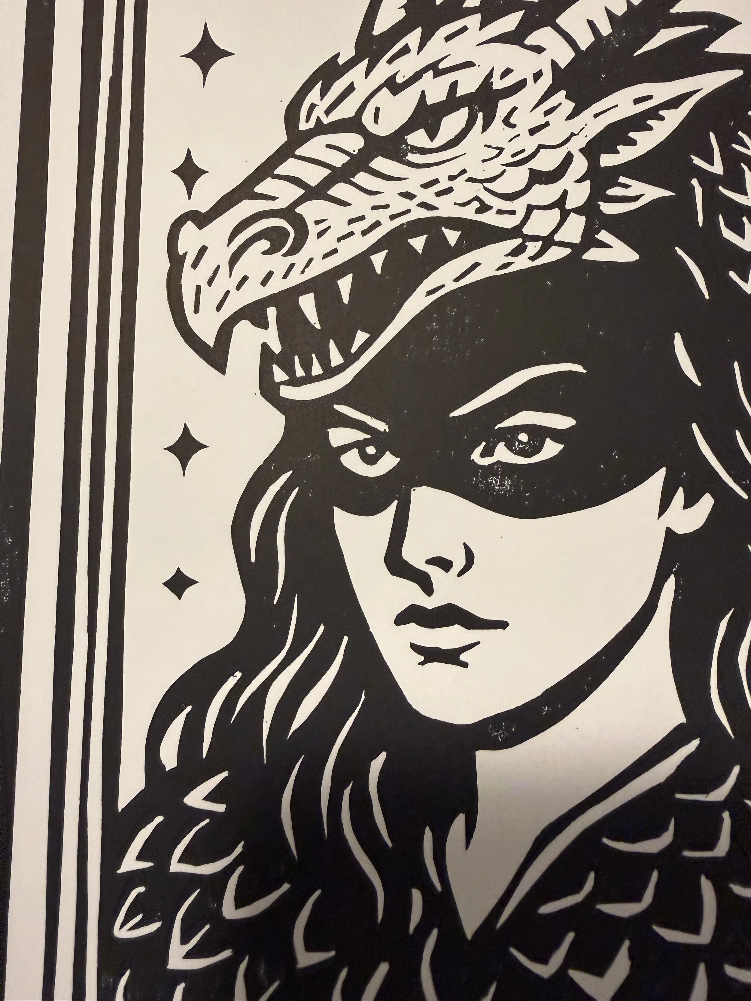 Limited-edition black linocut print Dragon Woman by Elucidation Inc. Hand-carved and hand-printed with Caligo Safe Wash ink on archival acid-free cotton paper. Edition of 10.