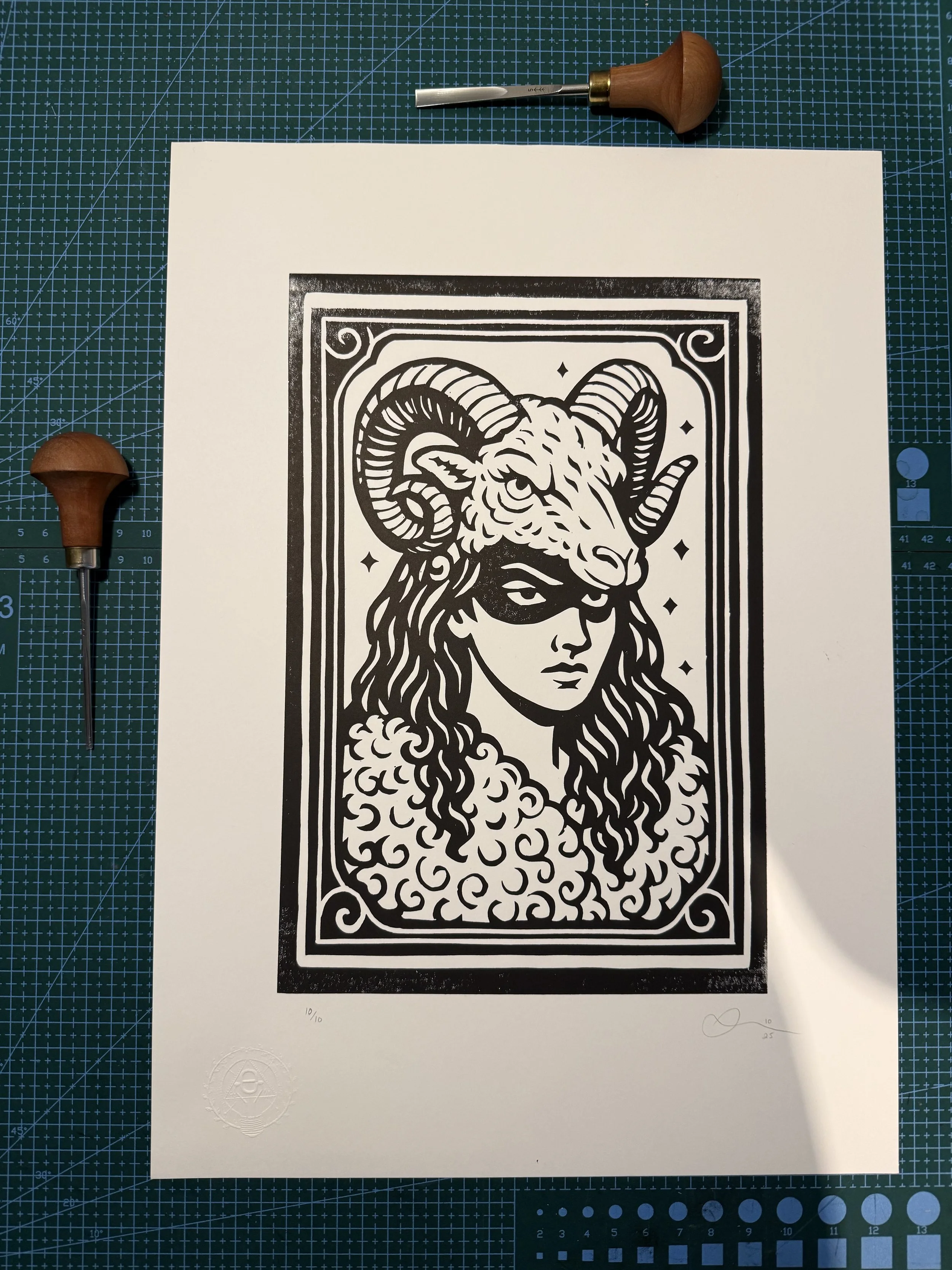 Limited-edition black linocut print Ram Woman by Elucidation Inc. Hand-carved and hand-printed with Caligo Safe Wash ink on archival acid-free cotton paper. Edition of 10.