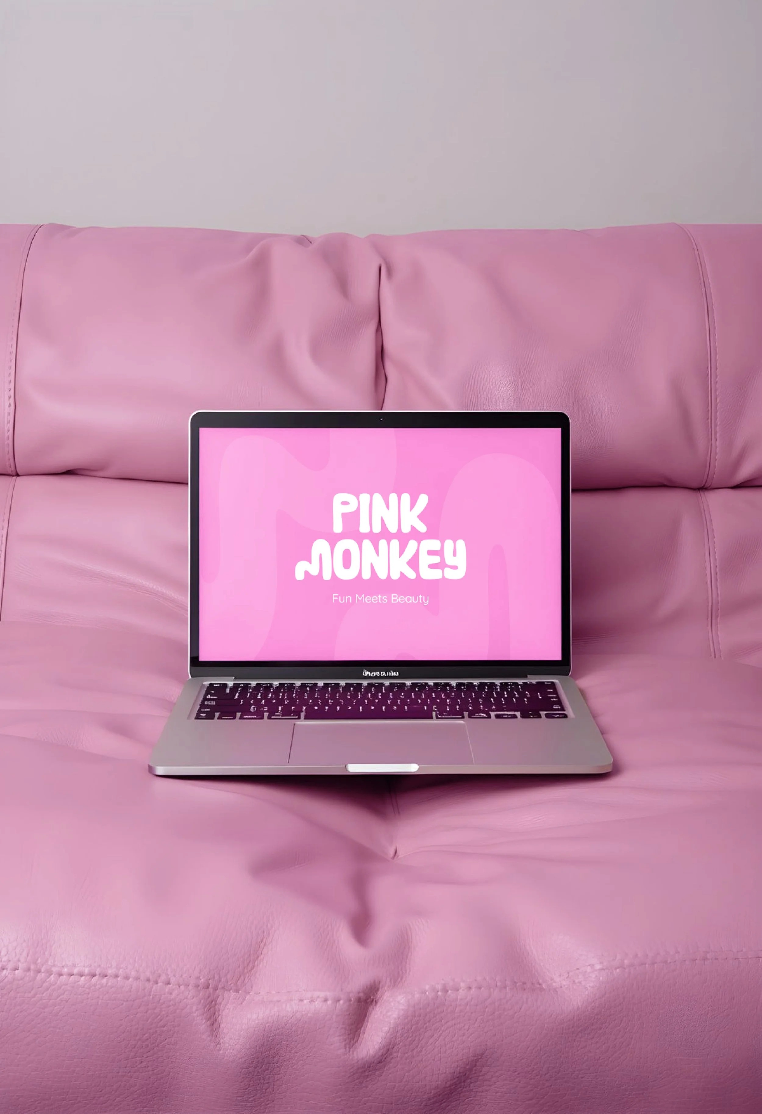 A silver laptop with a pink keyboard opens on a pink leather couch. The laptop screen displays the text 'PINK MONKEY' with the tagline 'Fun Meets Beauty' on a pink background.