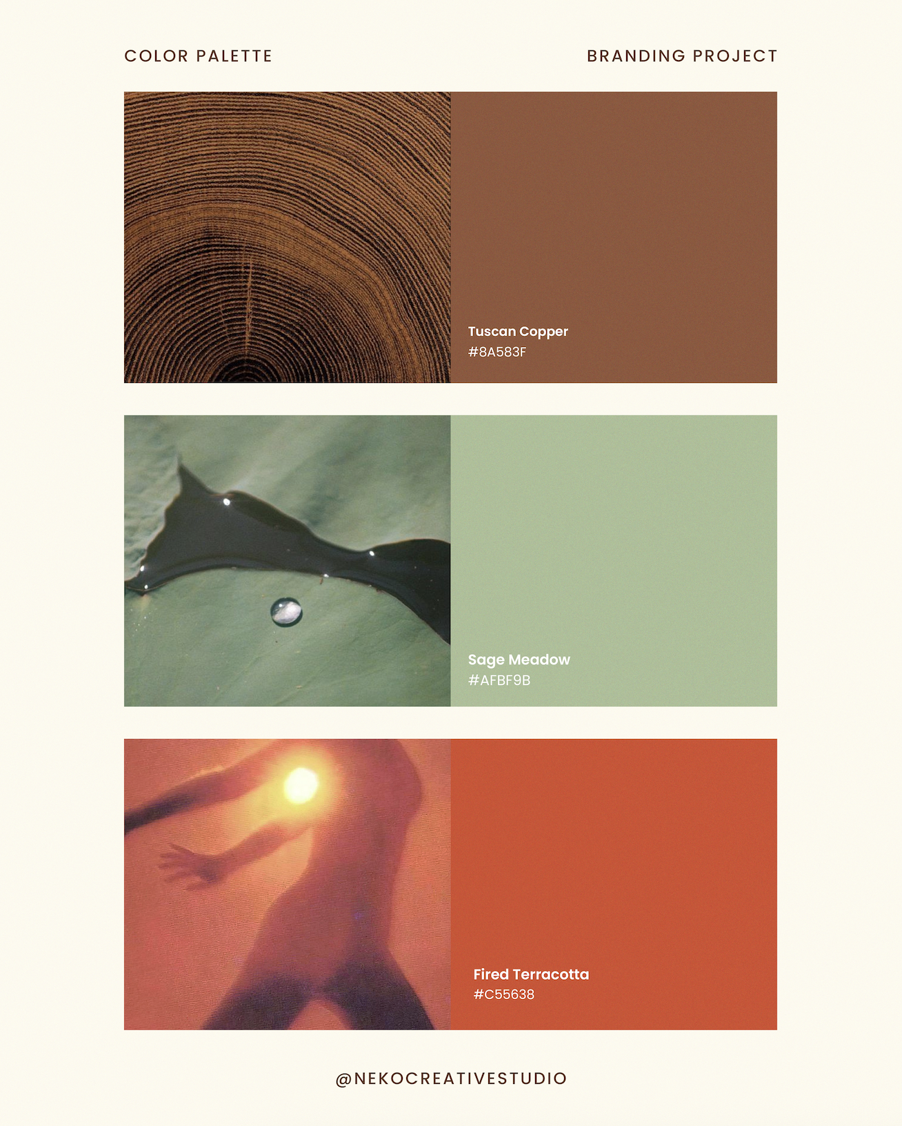A color palette design with three sections displaying color swatches, names, and hex codes. The first section shows a wood texture labeled 'Tuscan Copper' with hex code #8A583F. The second section features a green leaf with a water droplet labeled 'Sage Meadow' with hex code #AFBFB8. The third section depicts a person reaching toward the sun with a sunset background, labeled 'Fired Terracotta' with hex code #C55638. The bottom of the image includes the Instagram handle @NEKOCREATIVESTUDIO.