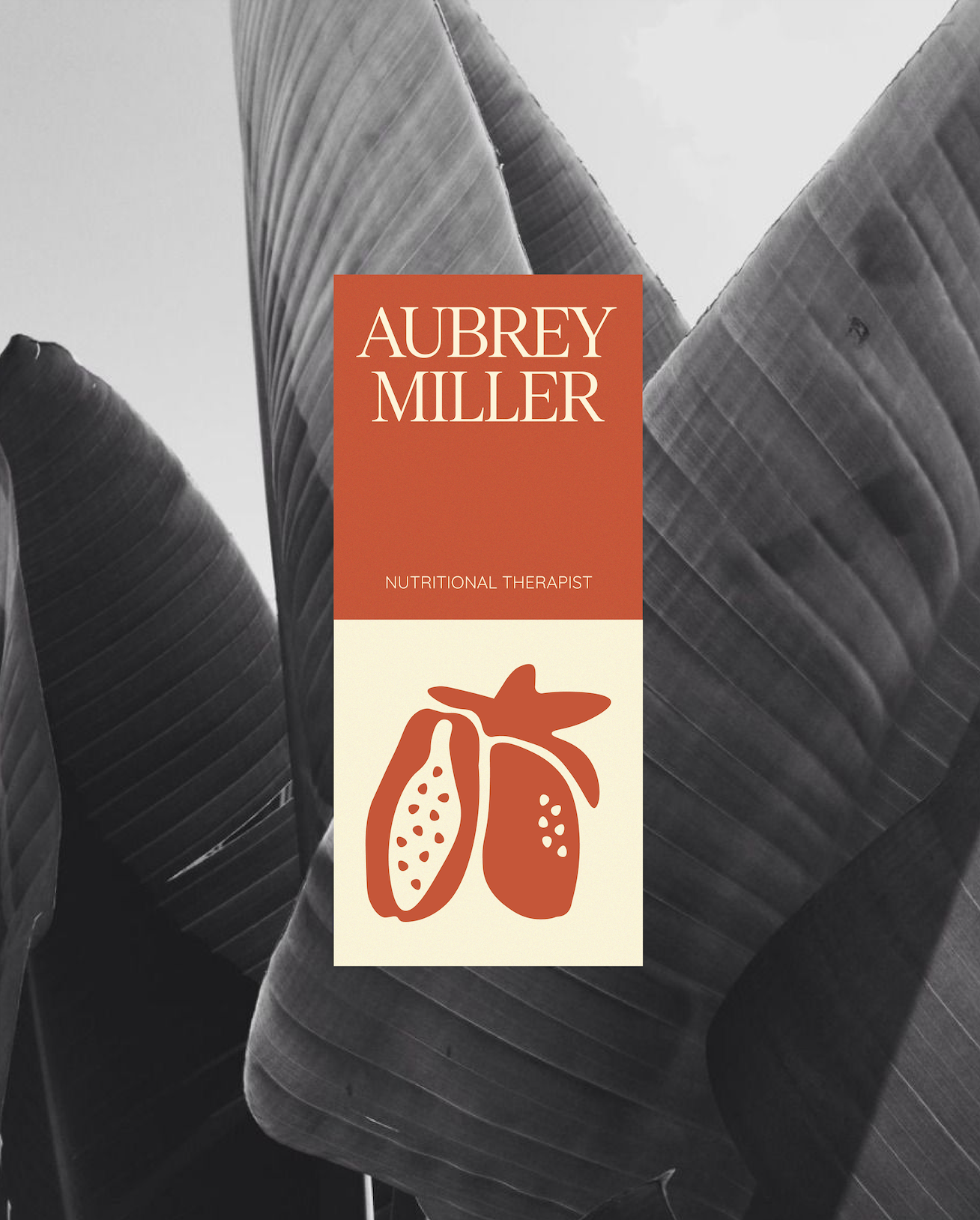 Book cover with large leaves in black and white background, featuring the title 'Aubrey Miller, Nutritional Therapist' and an illustration of cacao pods in a rust orange color.