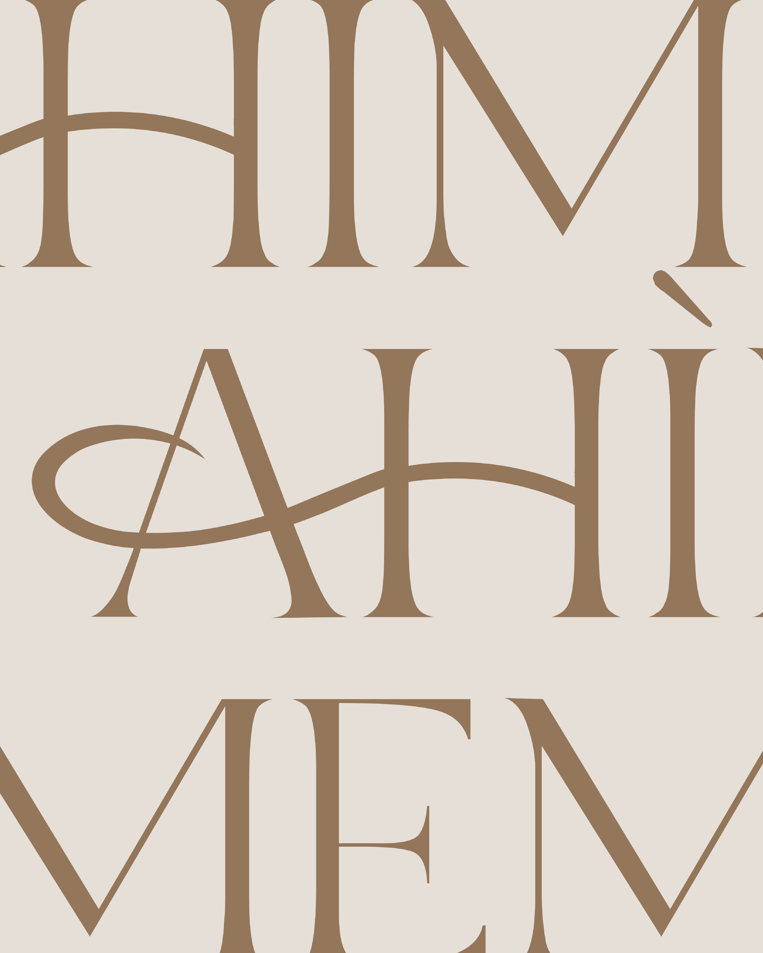 Close-up of beige background with large, overlapping brown serif text.