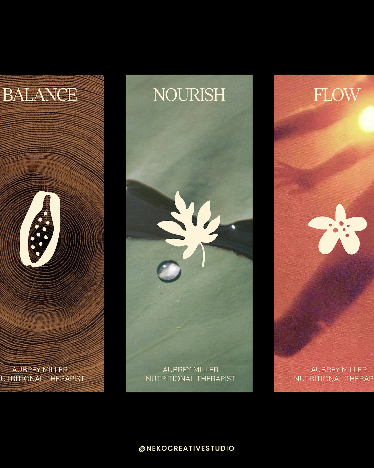 Three book covers titled 'Balance,' 'Nourish,' and 'Flow' by Aubrey Miller, Nutritional Therapist, with abstract nature-inspired backgrounds of wood rings, a leaf with water droplets, and a sunset scene.